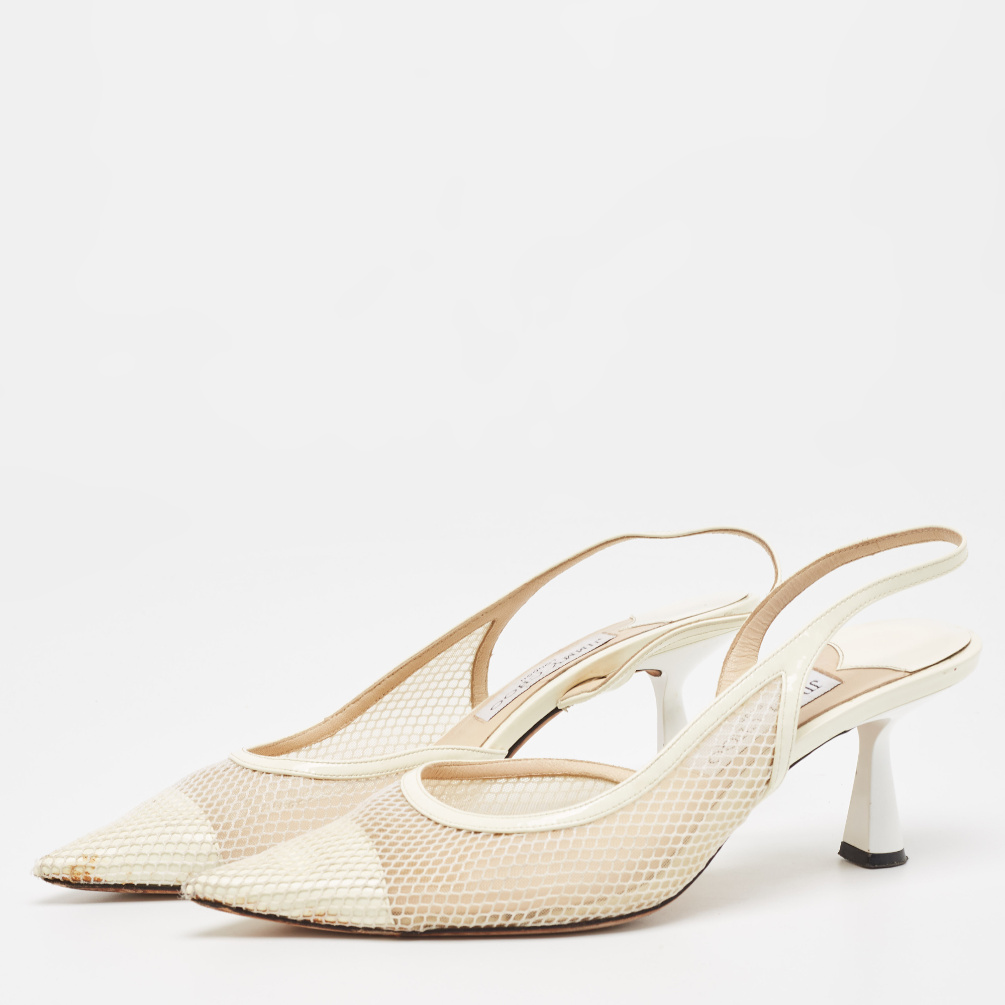 

Jimmy Choo Off White Mesh and Patent Leather Fetto Slingback Pumps Size