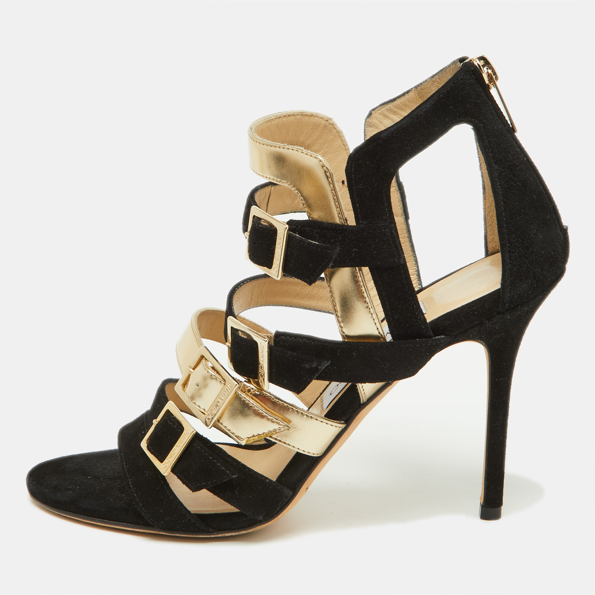 Pre-owned Jimmy Choo Black/gold Suede And Patent Leather Booster Gladiator Sandals Size 38.5