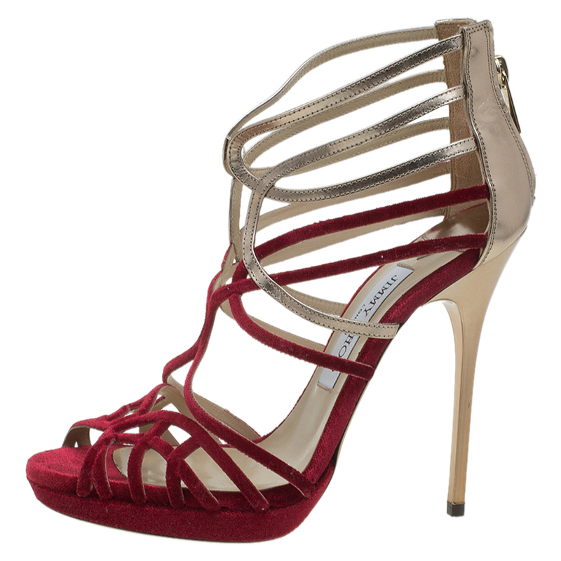 

Jimmy Choo Red Velvet & Gold Leather Maury Strappy Sandals Size