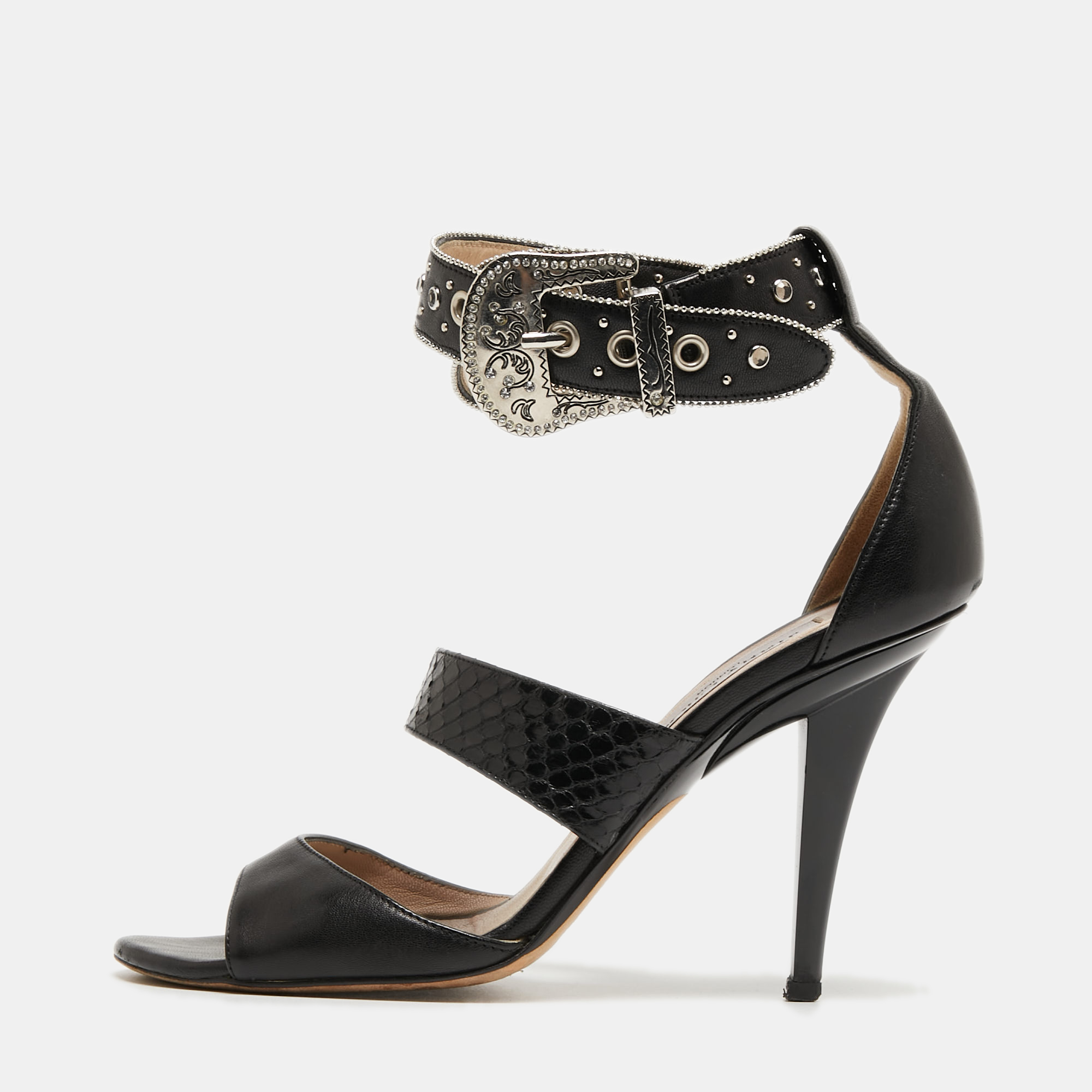 

Jimmy Choo Black Embossed Python and Leather Studded Ankle Wrap Sandals Size
