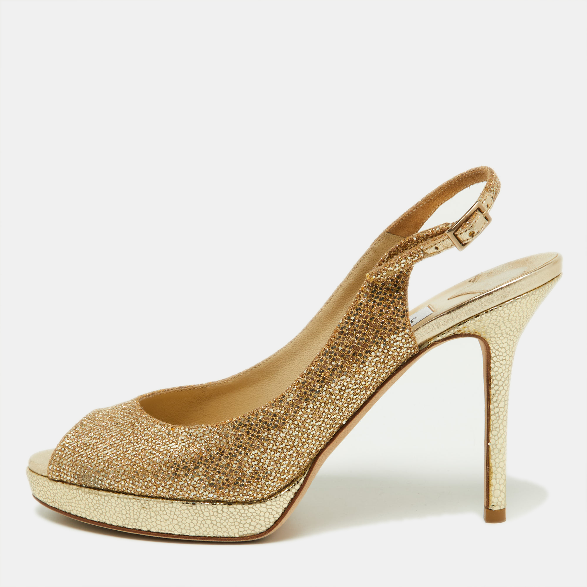 

Jimmy Choo Gold Glitter and Leather Slingback Sandals Size