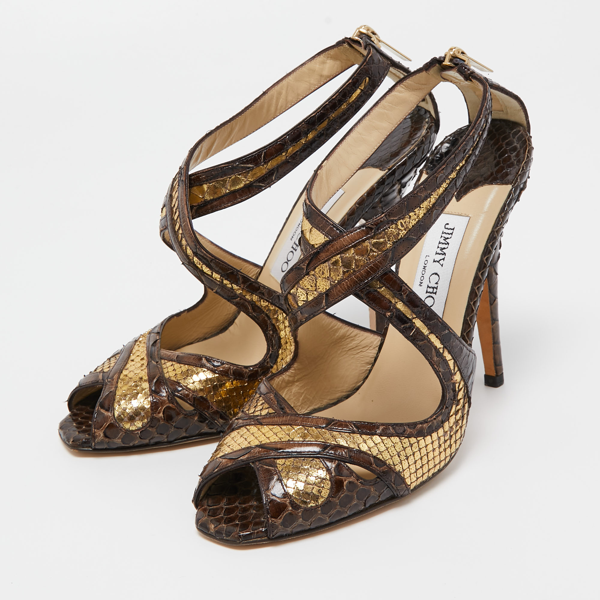 

Jimmy Choo Brown Python Leather Crisscross Sandals Size, Gold