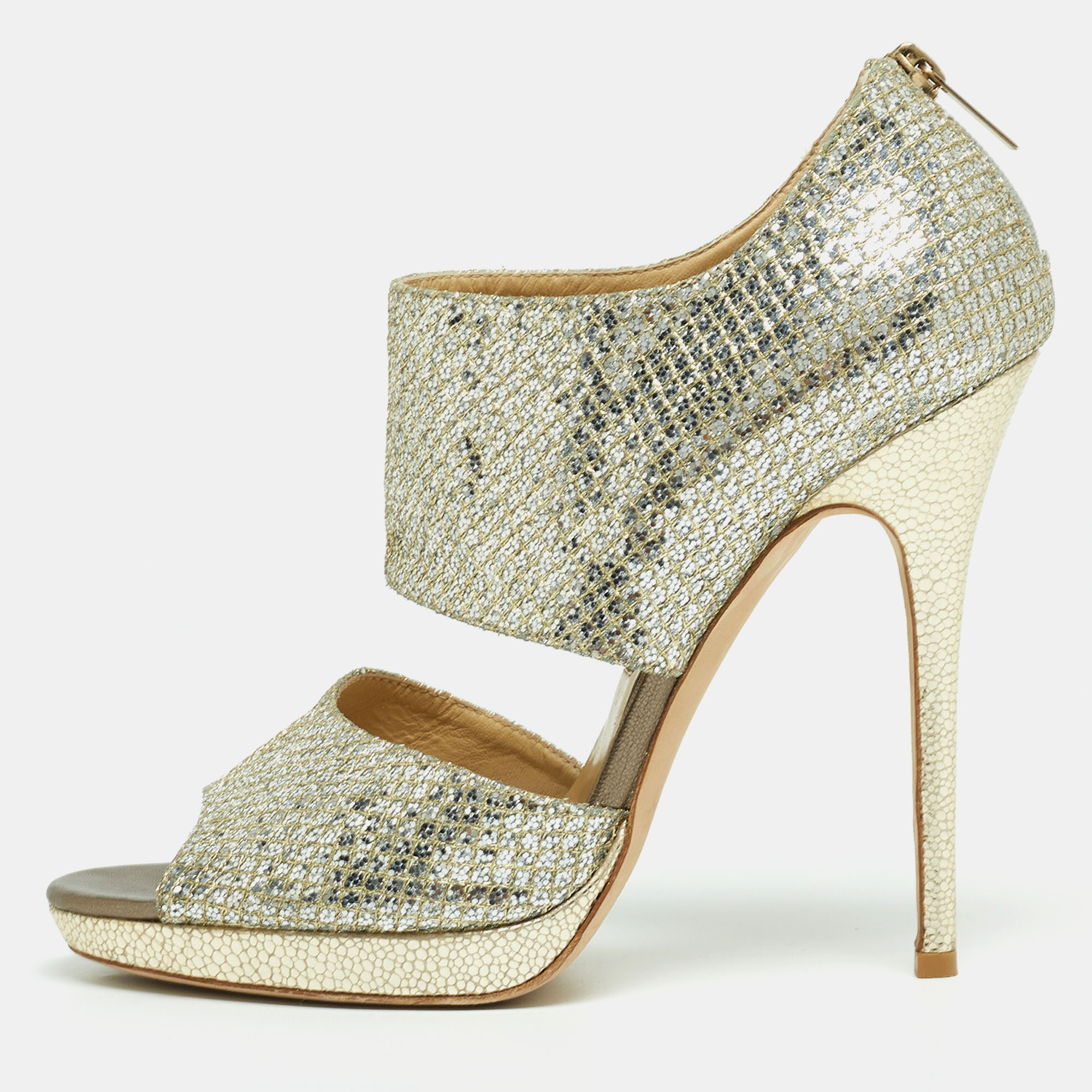 

Jimmy Choo Silver/Gold Coarse Glitter Private Platform Sandals Size