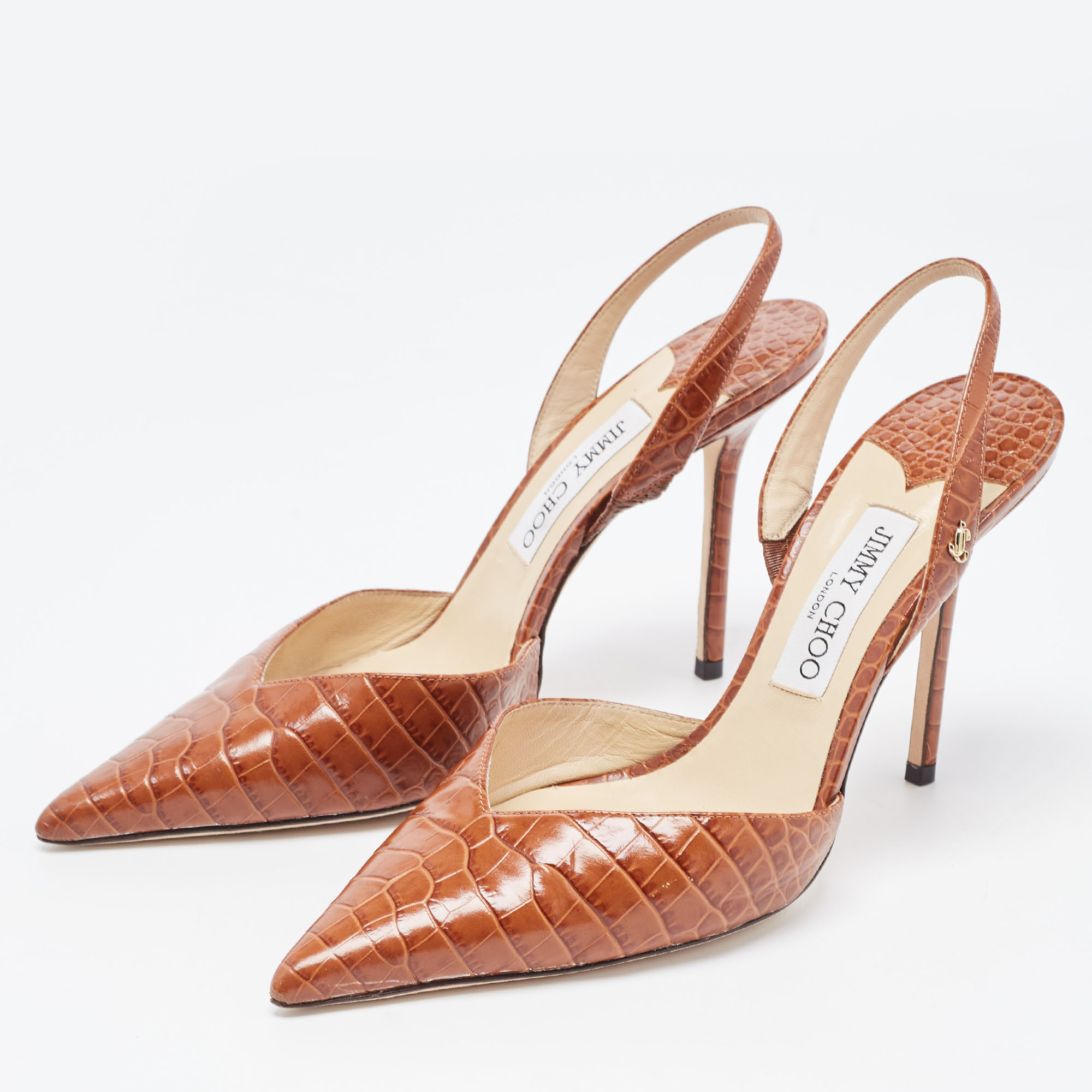 

Jimmy Choo Brown Croc Embossed Leather Thandi Slingback Pumps