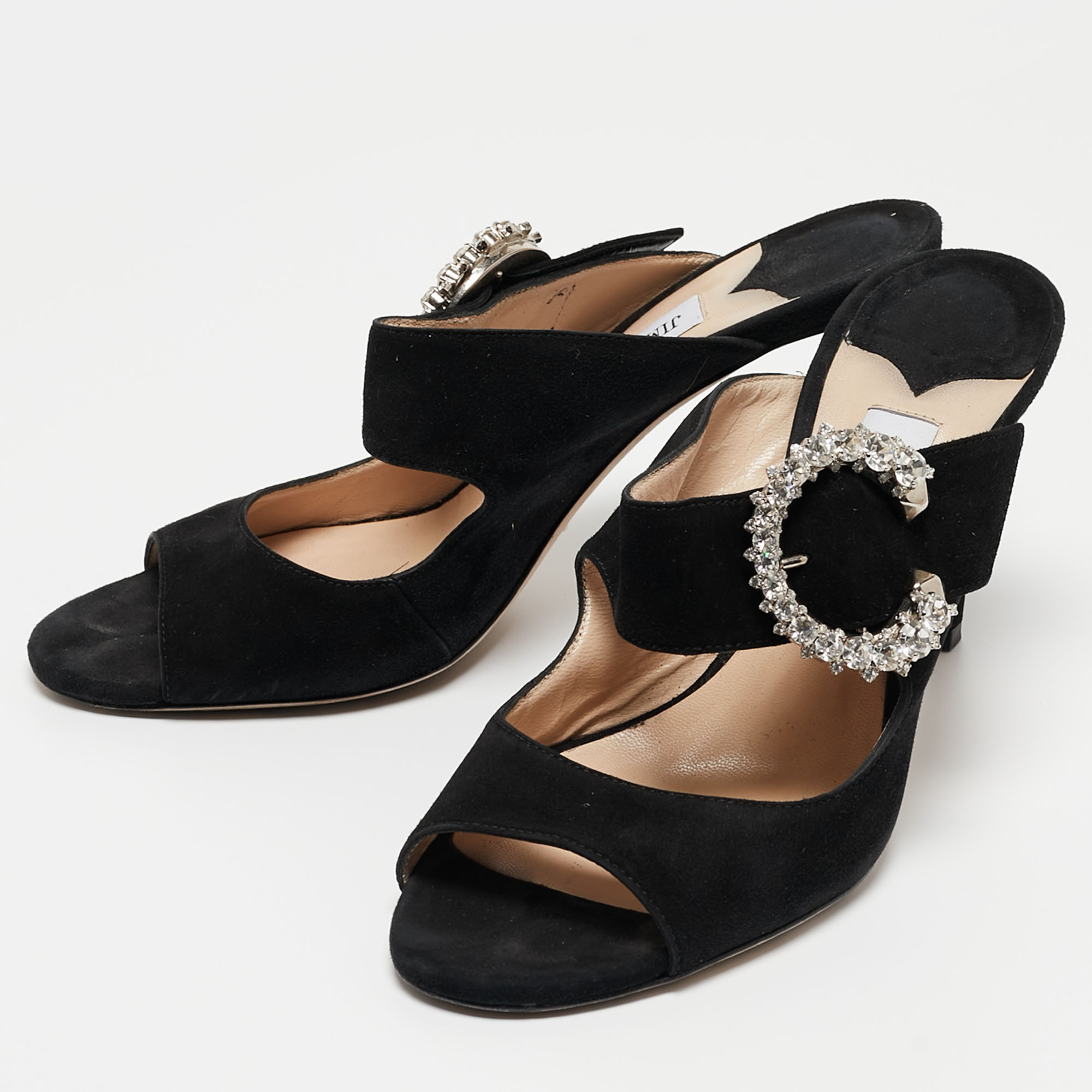 

Jimmy Choo Black Suede Saf Crystal Embellished Buckle Slide Sandals Size