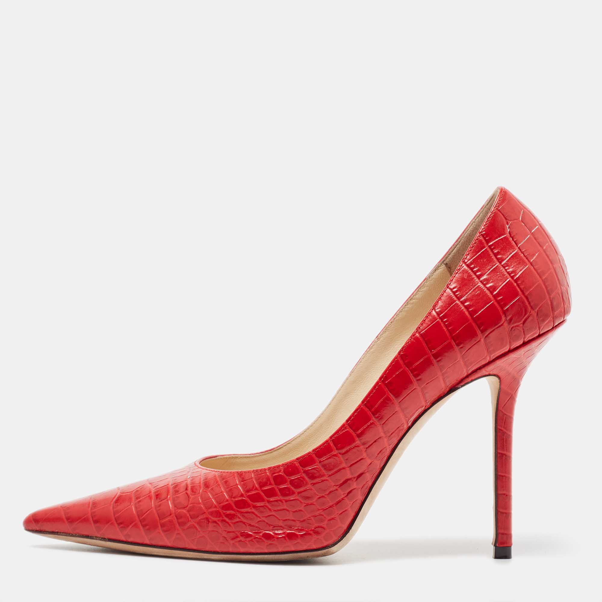 Pre-owned Jimmy Choo Red Crocodile Love Pumps Size 40
