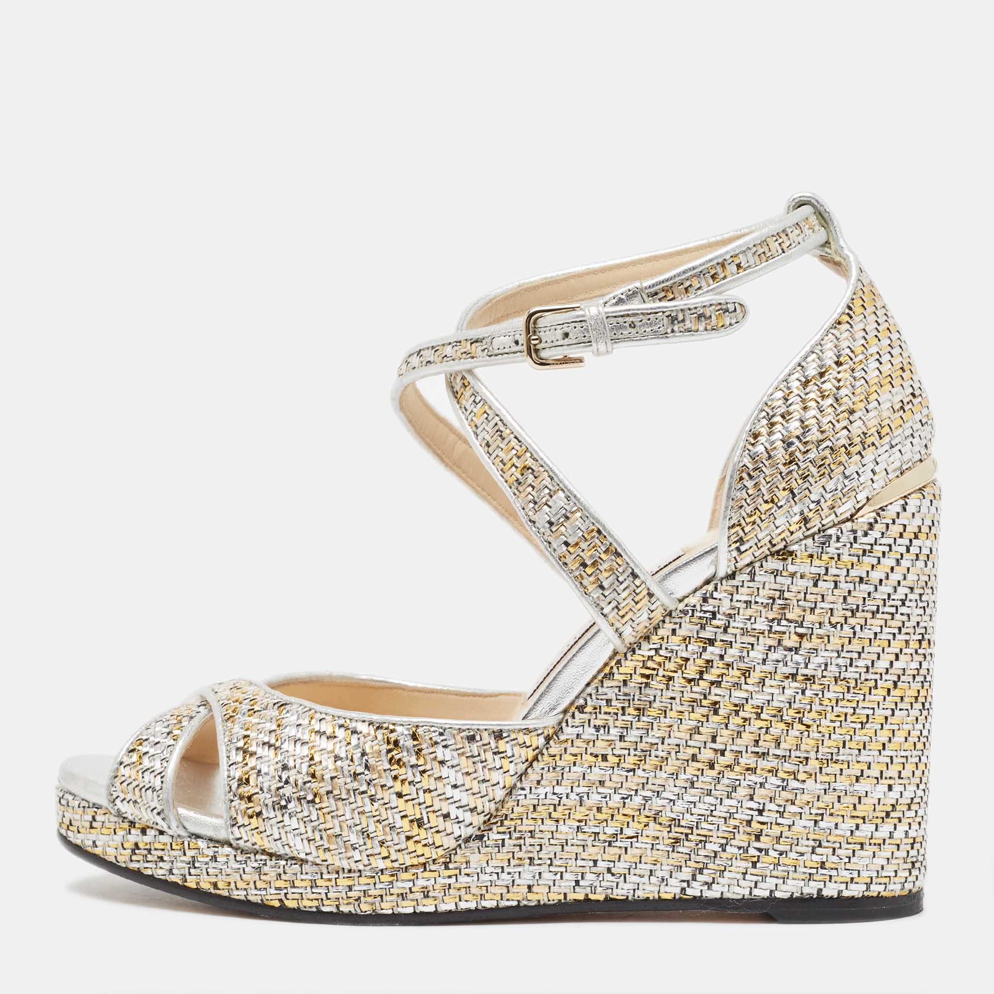 

Jimmy Choo Multicolor Leather and Woven Wedge Ankle Strap Sandals Size, Metallic