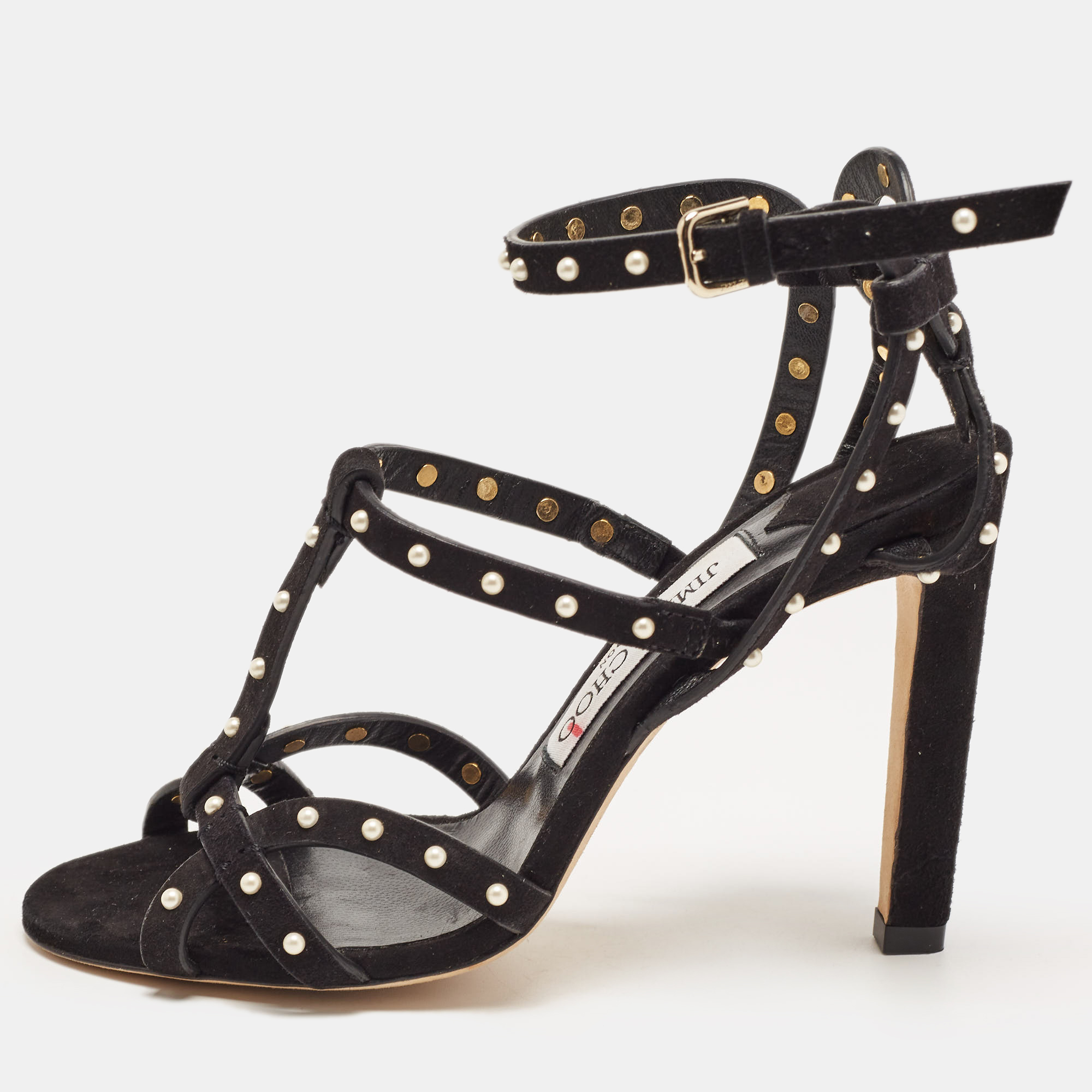 

Jimmy Choo Black Suede Faux Pearl Studded Beverly Ankle Strap Sandals Size