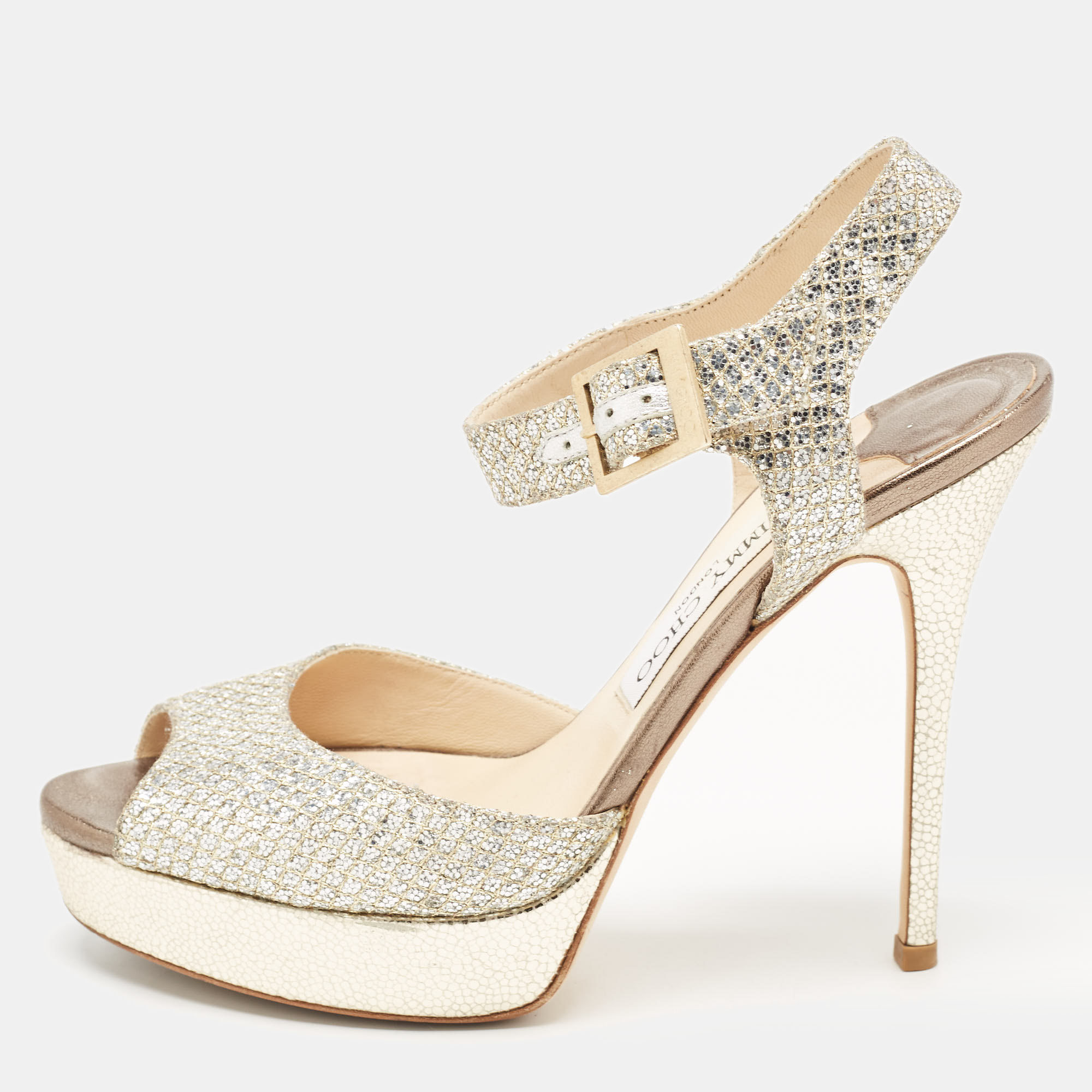 

Jimmy Choo Silver/Gold Glitter and Leather Platform Ankle Strap Sandals Size, Metallic