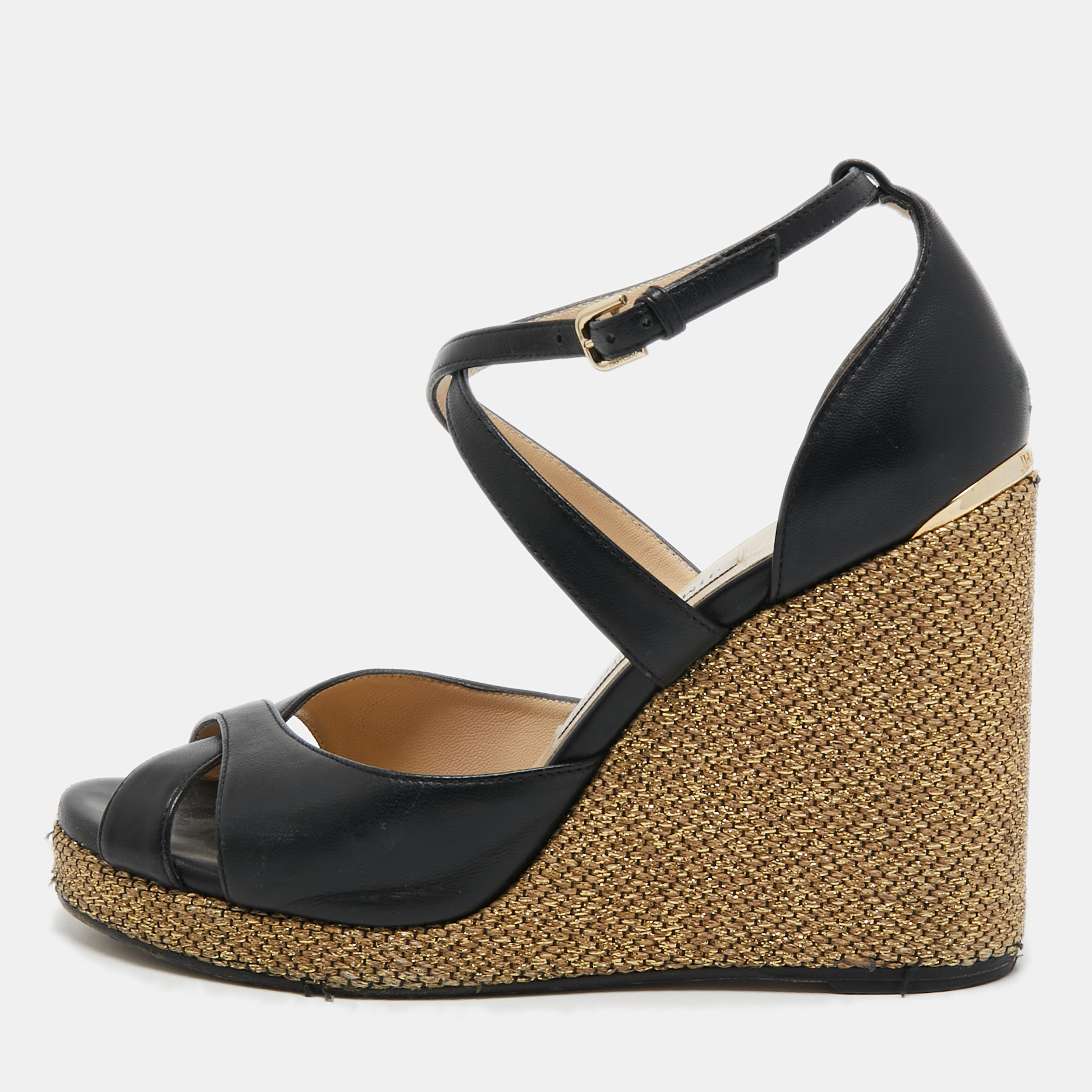 

Jimmy Choo Black Leather Cross Ankle Strap Wedge Sandals Size