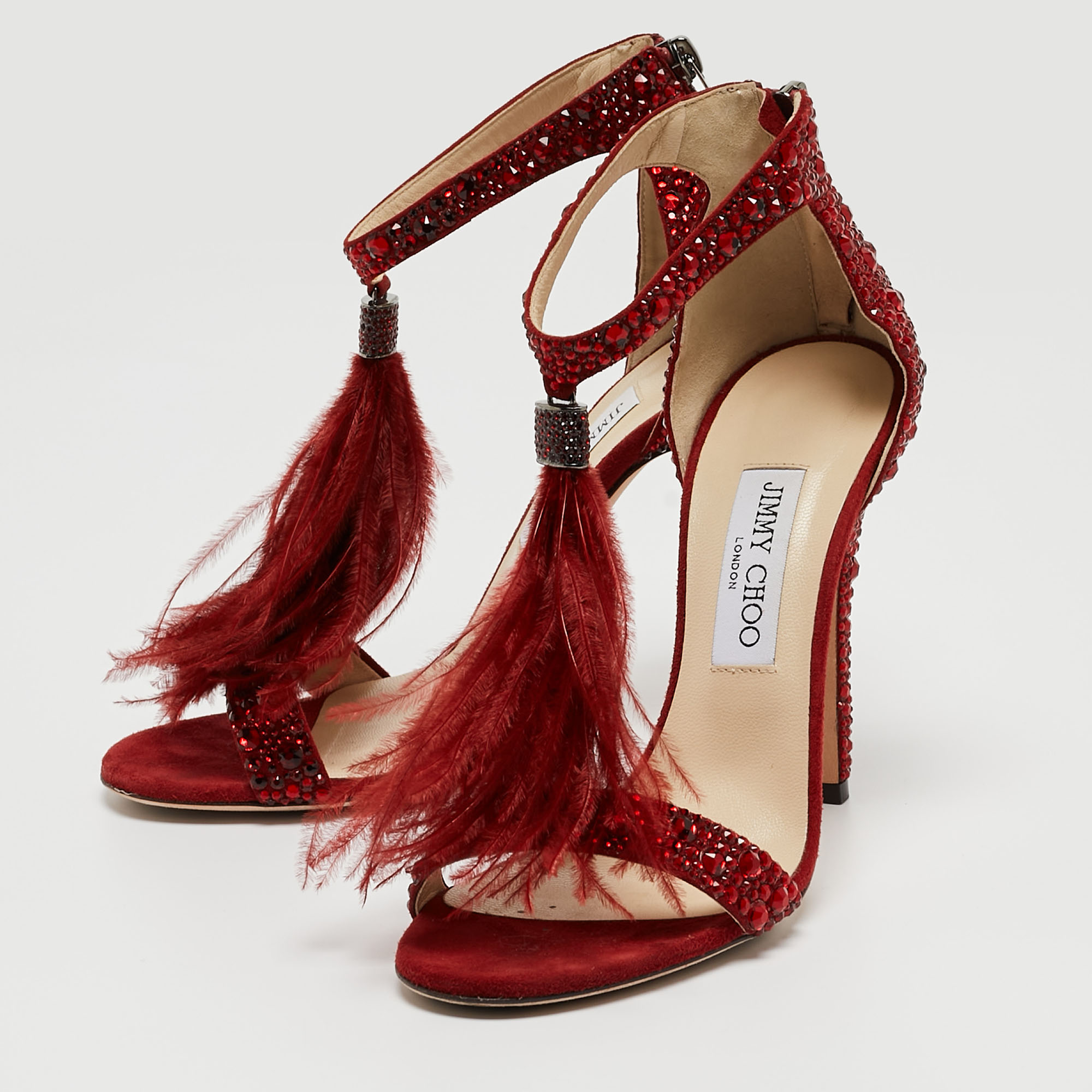 

Jimmy Choo Dark Red Crystal Embellished Suede and Ostrich Feather Viola Sandals Size