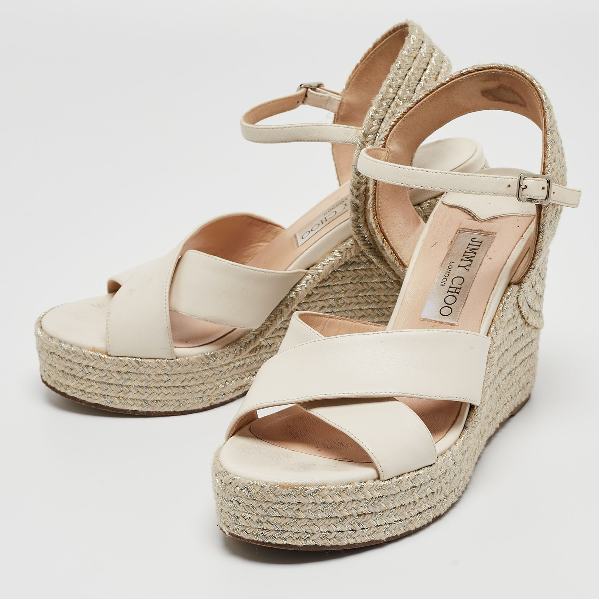 

Jimmy Choo White Leather Dellena Espadrille Wedge Sandals Size