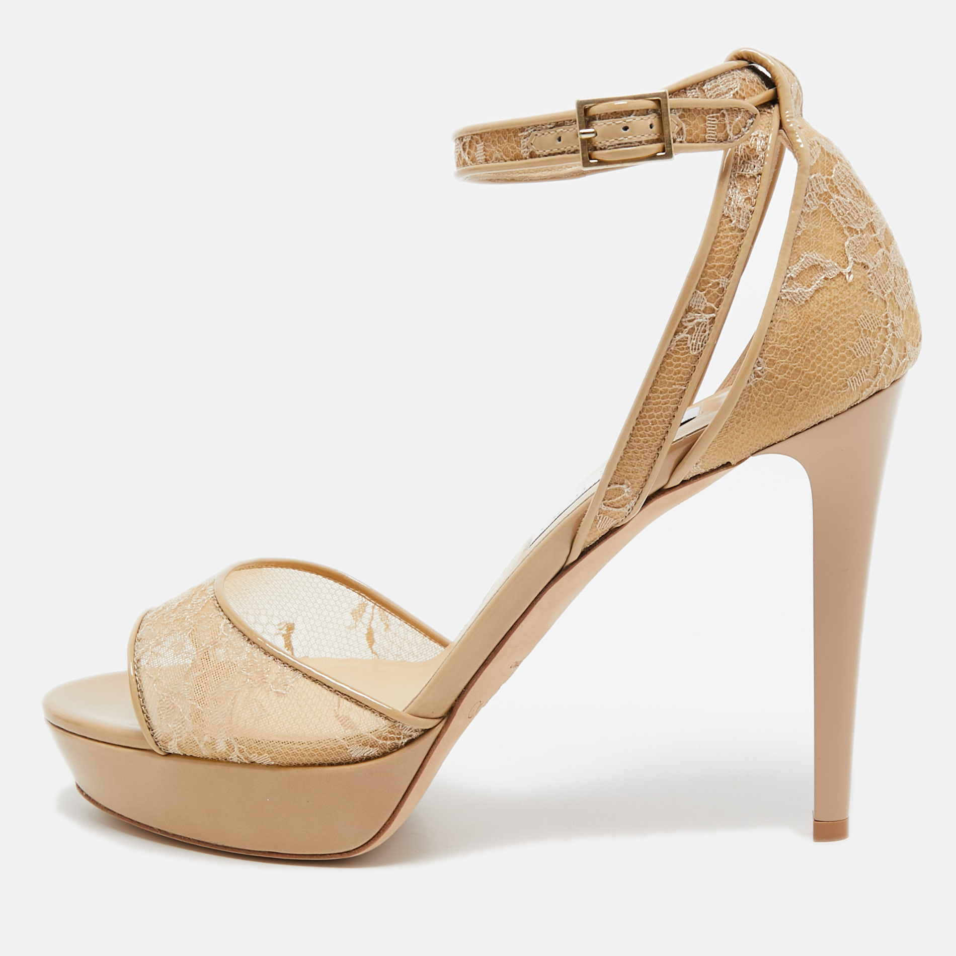 

Jimmy Choo Beige Lace and Patent Leather Kayden Ankle Strap Platform Sandals Size