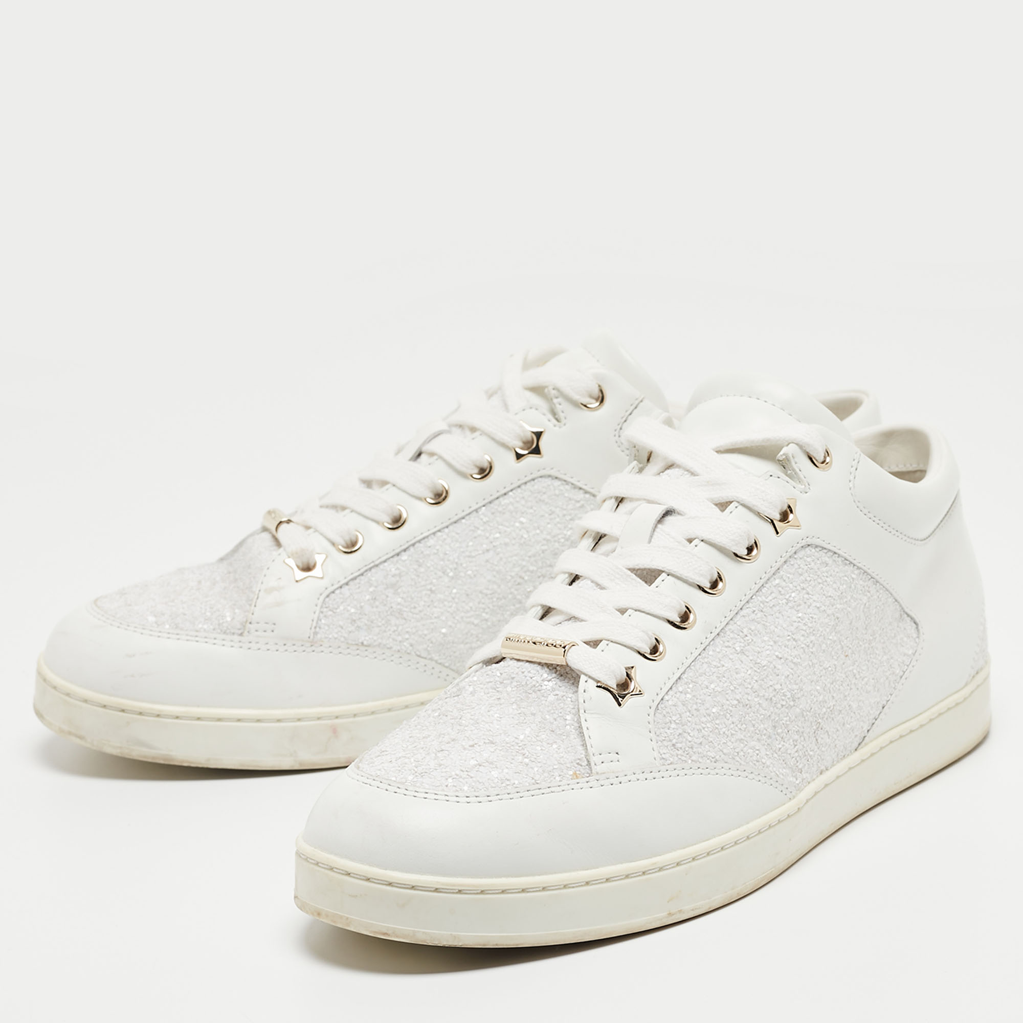 

Jimmy Choo White Glitter And Leather Low Top Sneakers Size