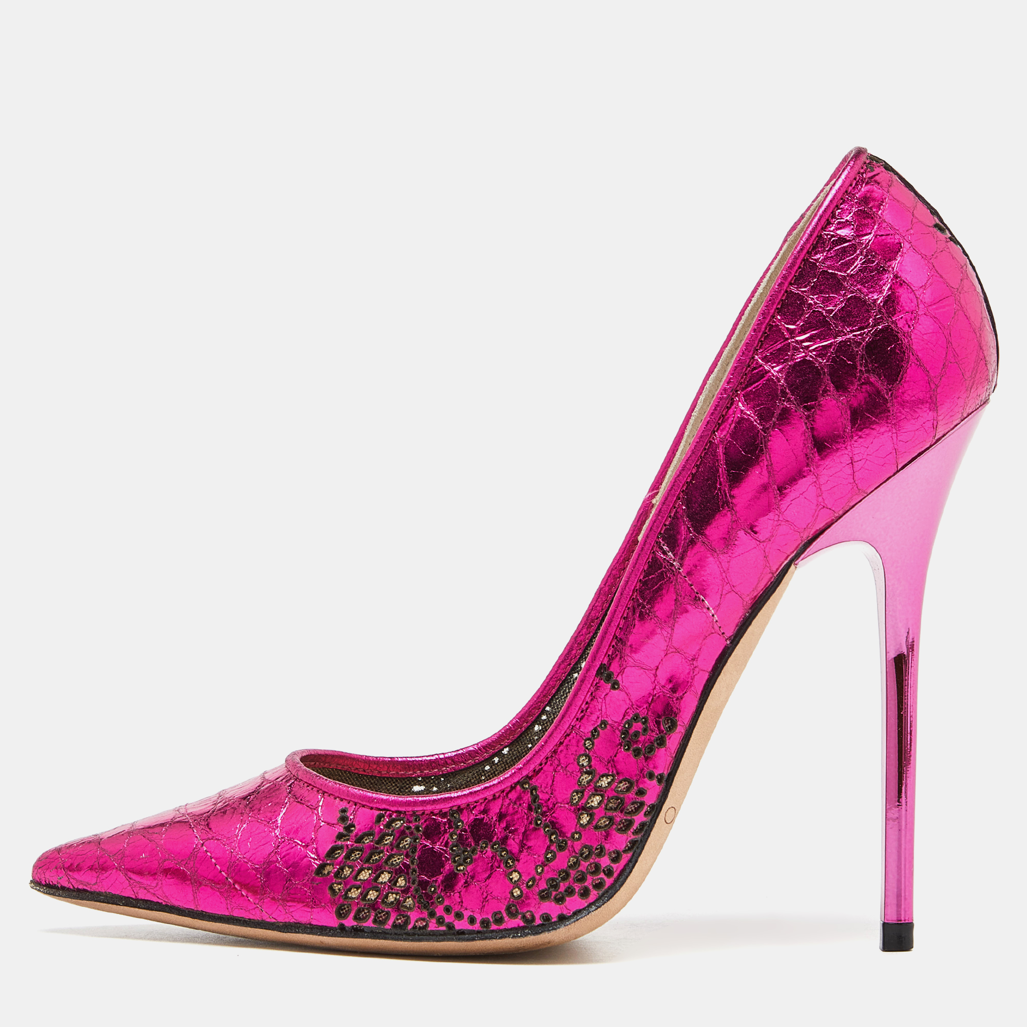 Pre-owned Jimmy Choo Fuchsia Snakeskin Effect Mirrored Leather Icons Capsule Pumps Size 34.5 In Pink
