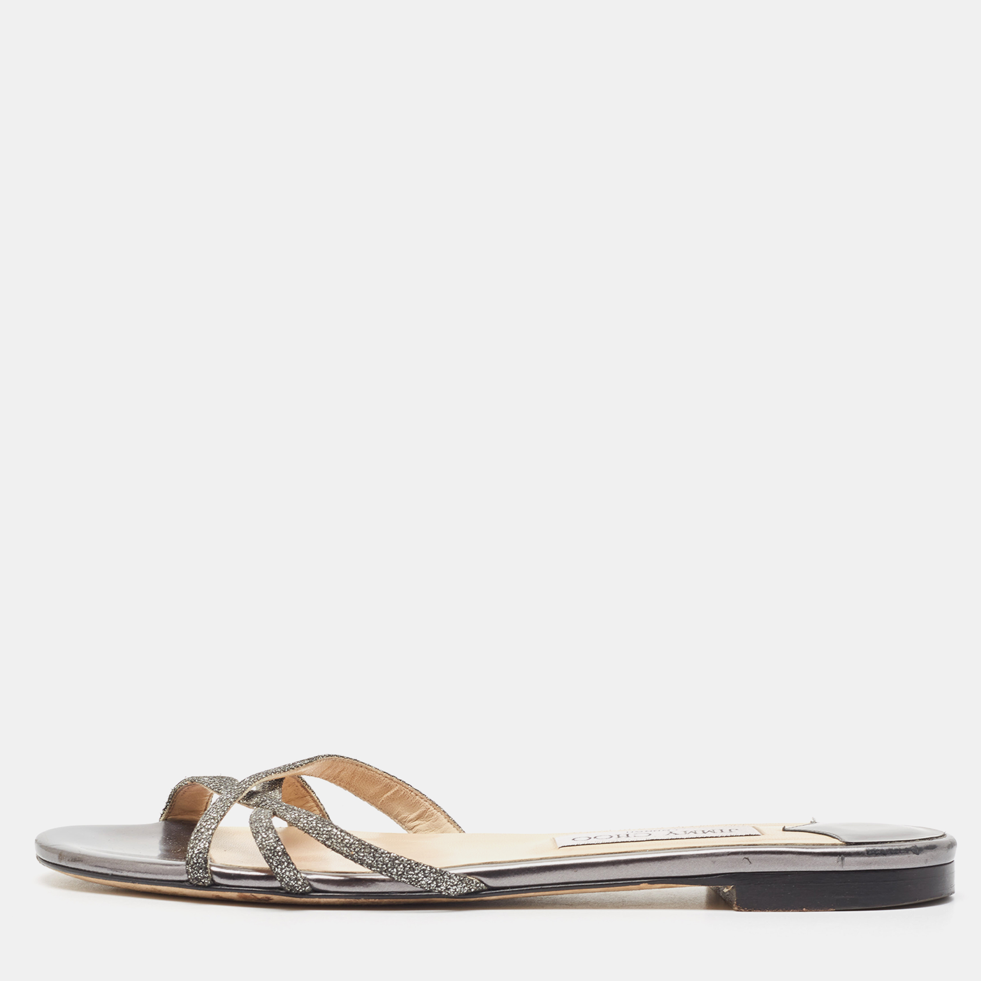

Jimmy Choo Metallic Glitter and Leather Strappy Flat Sandals Size, Grey