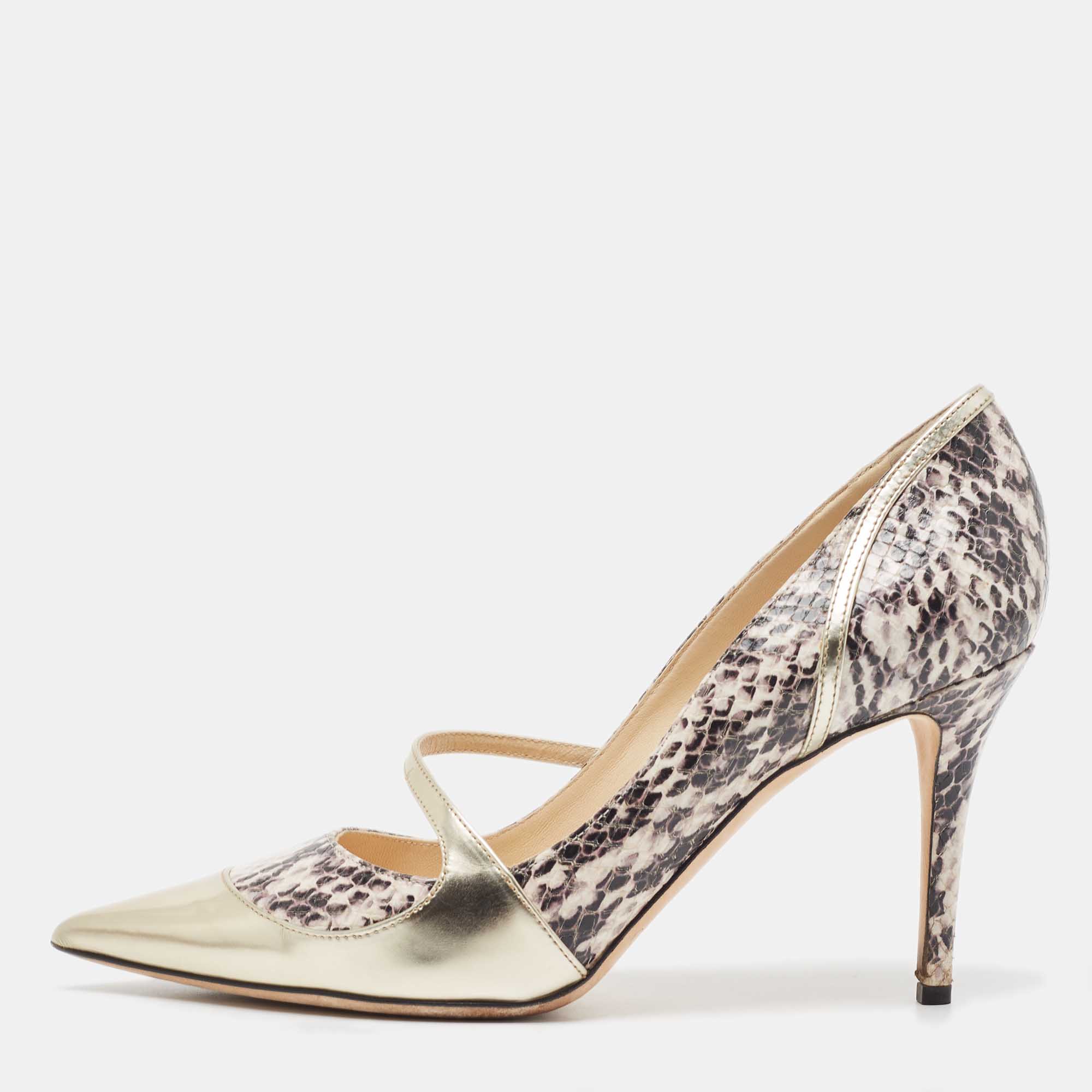 

Jimmy Choo Gold/Black Snakeskin Embossed and Leather Mantic Pumps Size