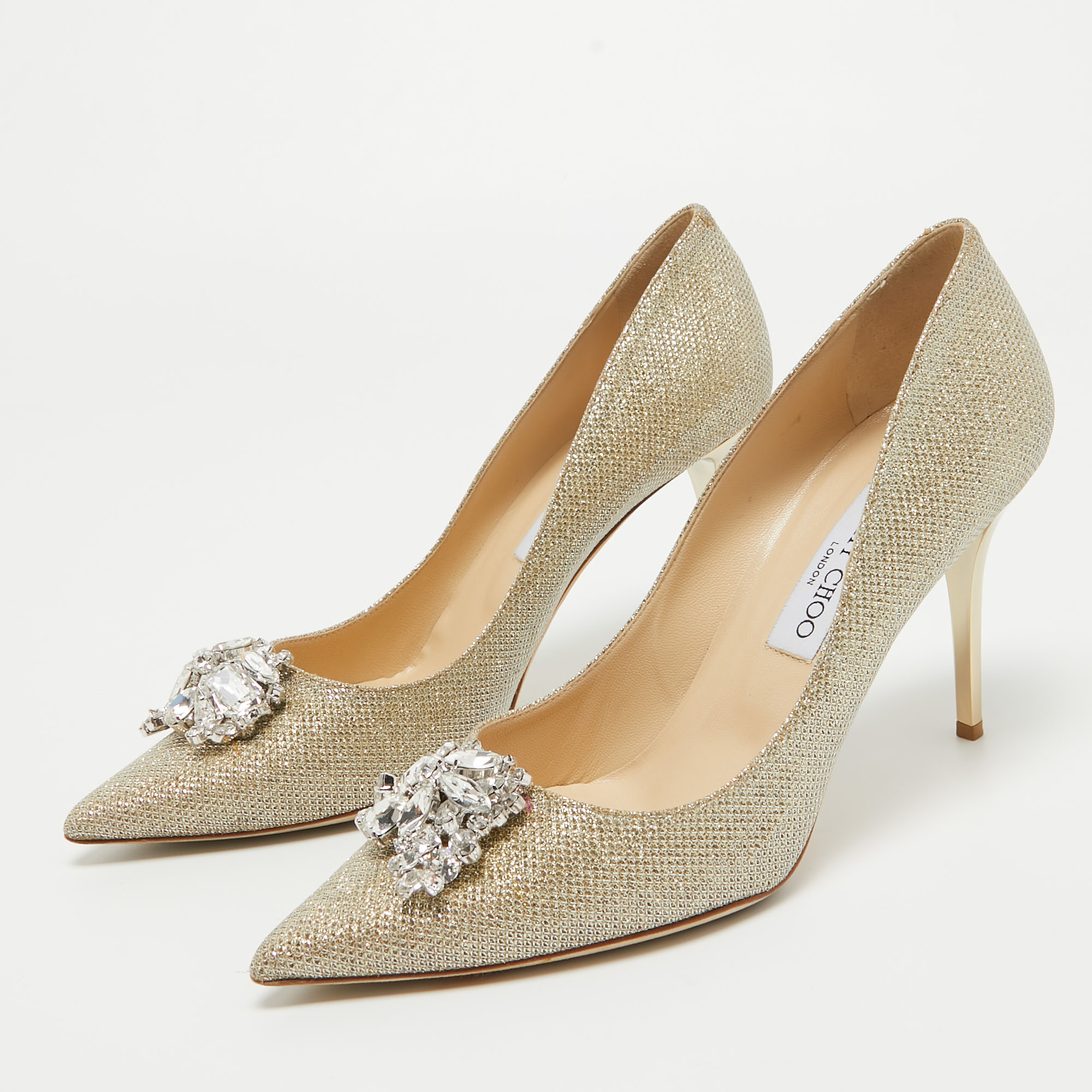 

Jimmy Choo Metallic Gold Lamè Glitter Fabric Crystal Embellished Mamey Pumps Size