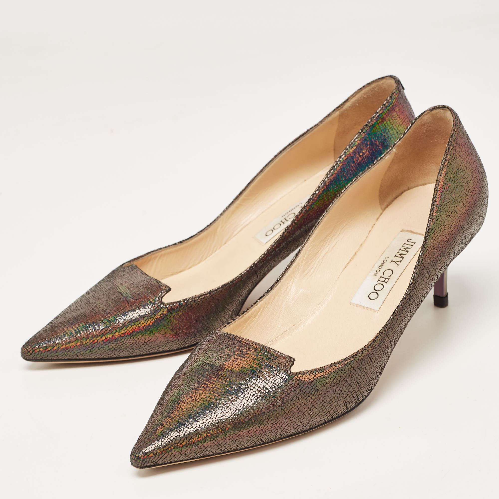 

Jimmy Choo Metallic Laminated Suede Allure Pumps Size