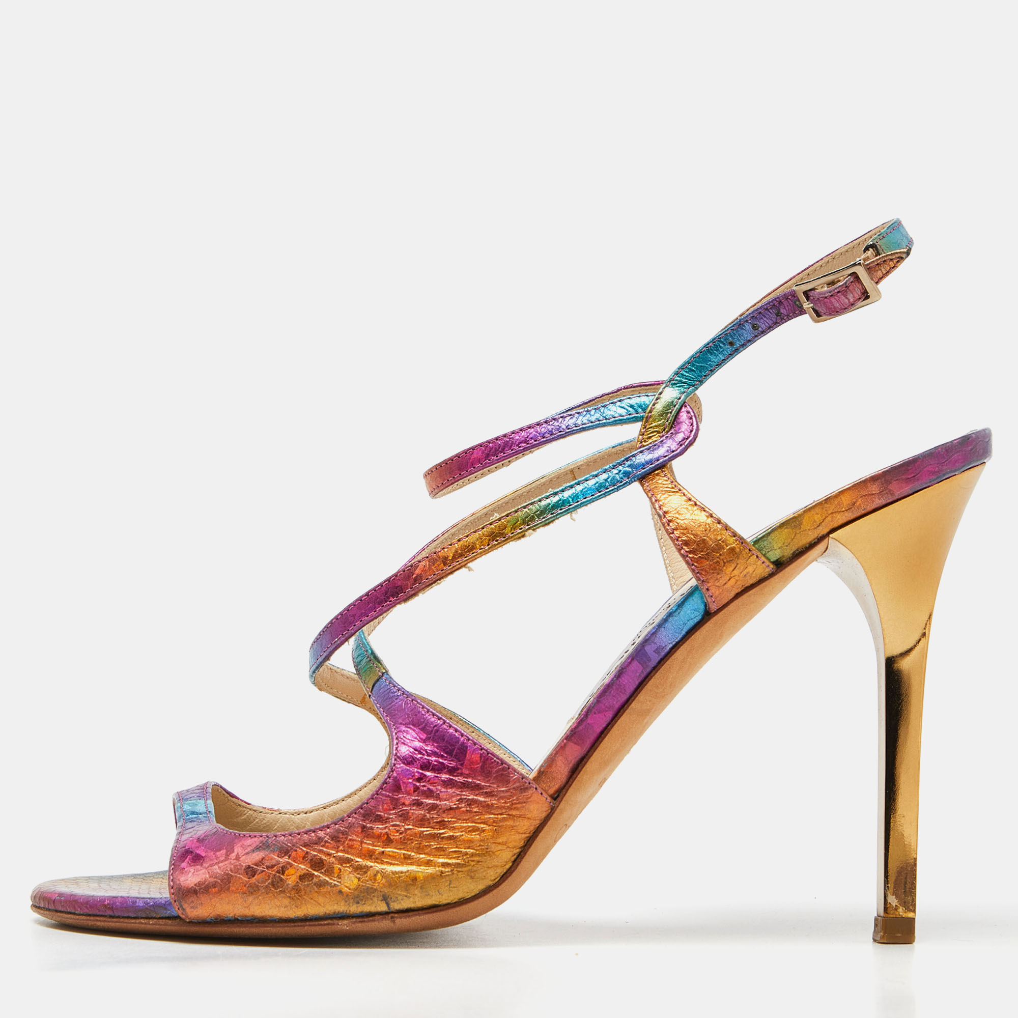 Pre-owned Jimmy Choo Multicolor Python Embossed Leather Criss Cross Strap Sandals Size 38