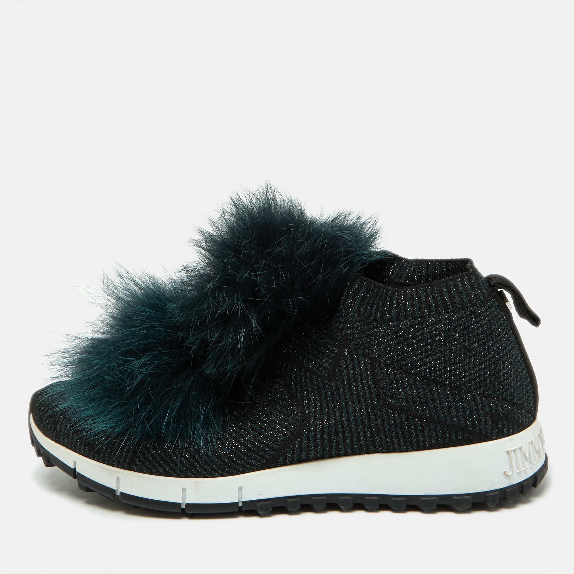 

Jimmy Choo Deep Green Knit Fabric and Fur Pom Pom Norway Slip On Sneakers Size
