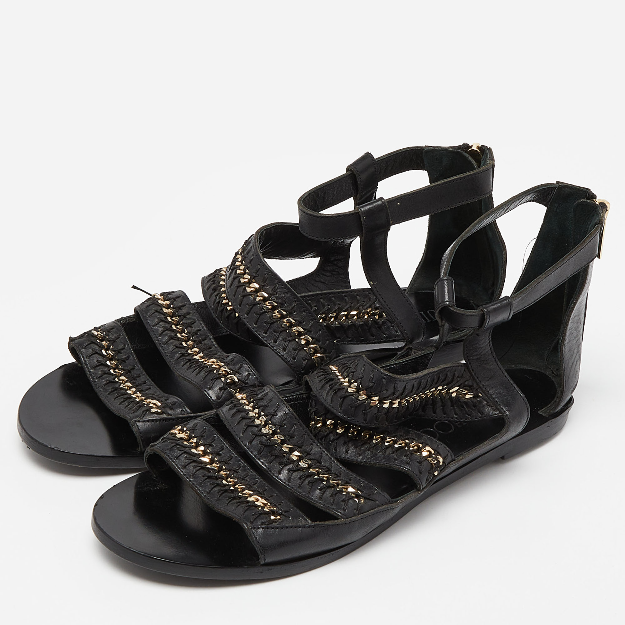 

Jimmy Choo Black Leather Chain and Stitch Detail Ankle Strap Flat Sandals Size