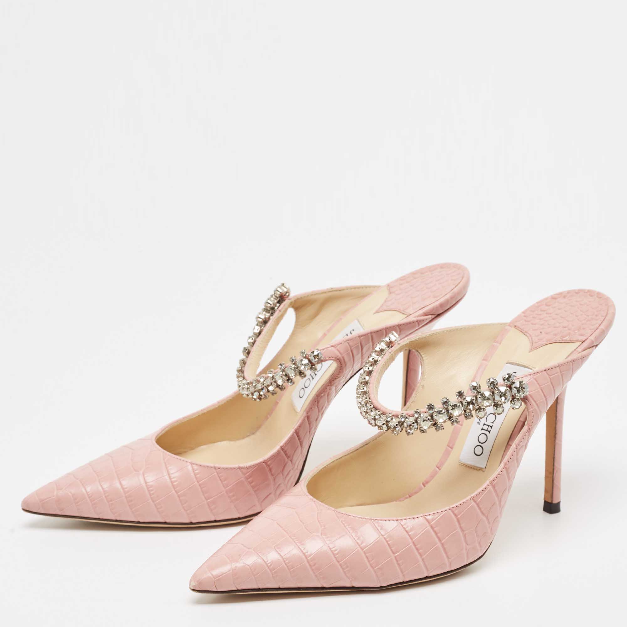 

Jimmy Choo Pink Croc Embossed Leather Bing Mules Size