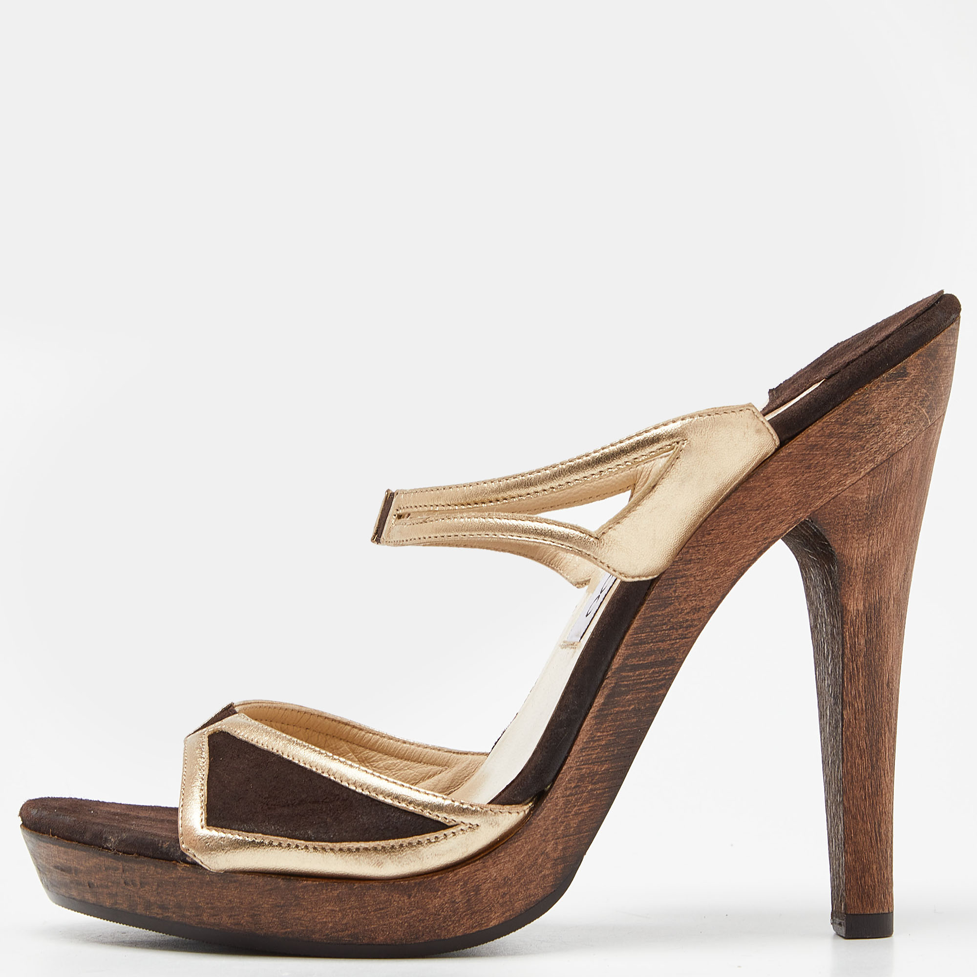 

Jimmy Choo Brown/Metallic Gold Suede and Leather Strappy Platform Sandals Size