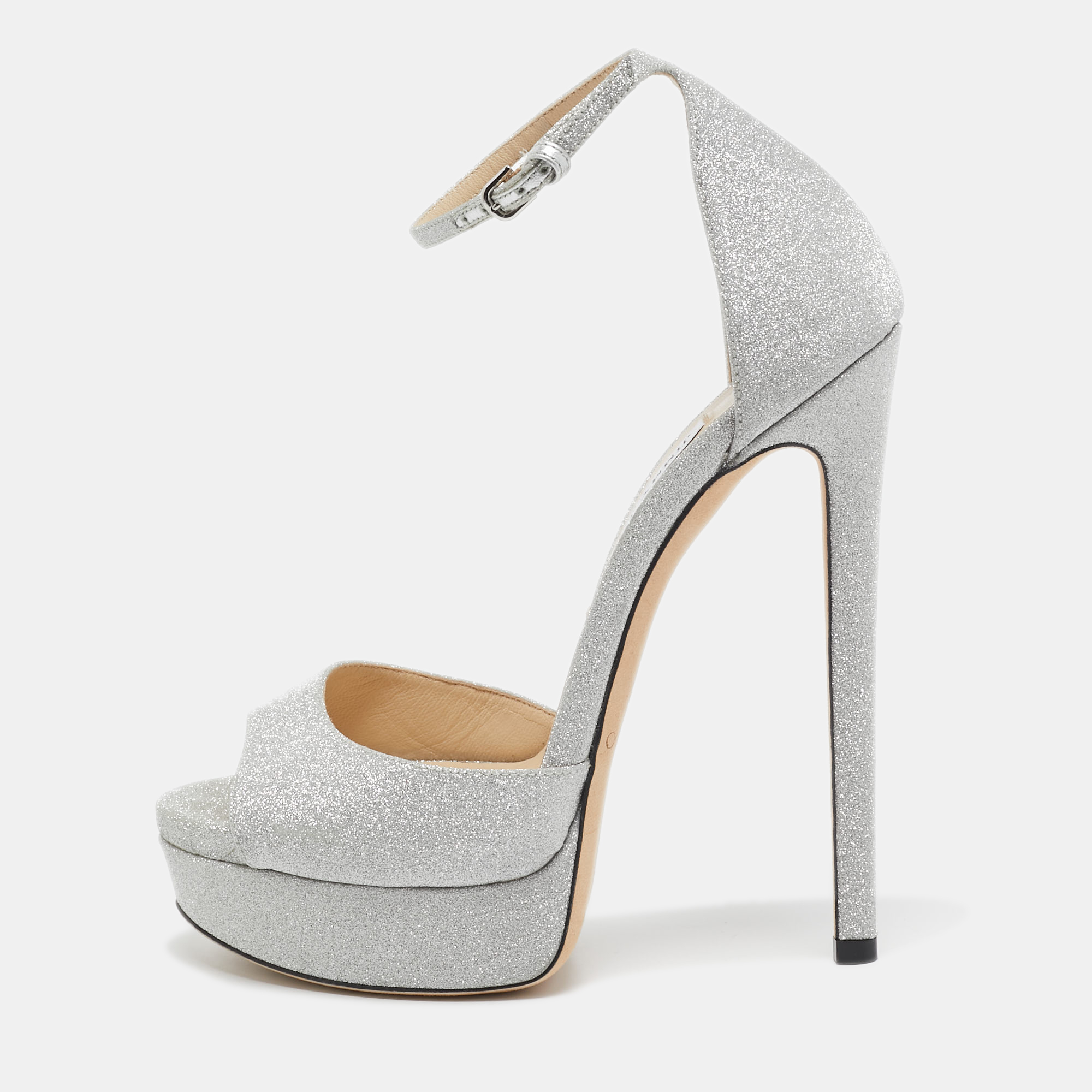 

Jimmy Choo Silver Glitter Max Ankle Strap Sandals Size