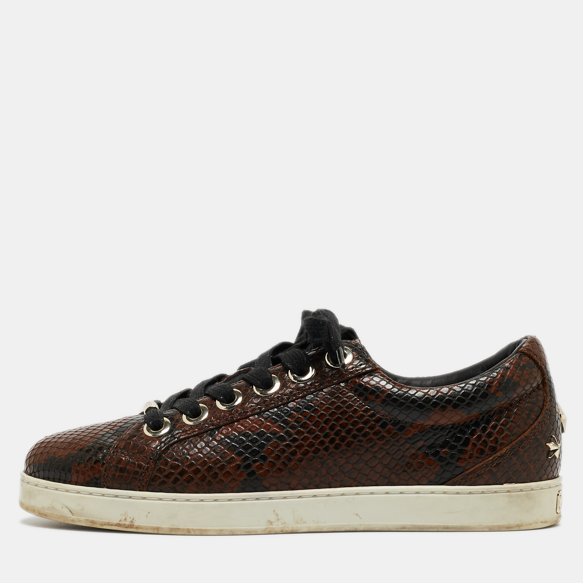 

Jimmy Choo Brown Python Embossed Leather Lace Up Sneakers Size