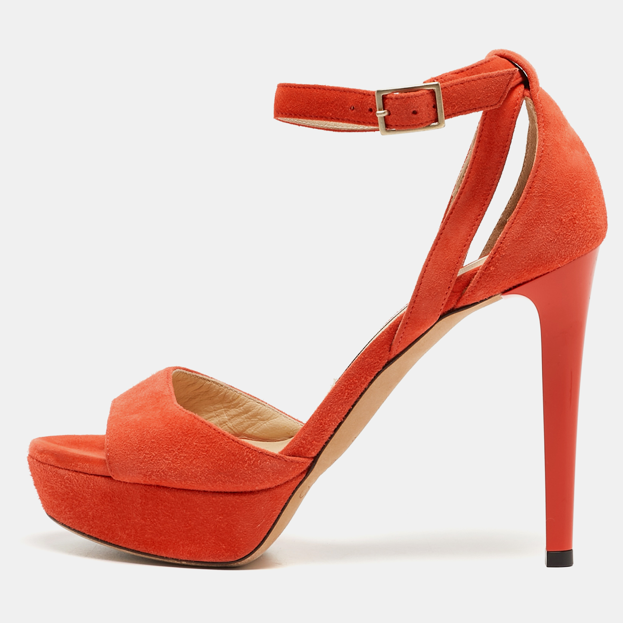 Pre-owned Jimmy Choo Orange Suede Ankle Strap Sandals Size 35.5