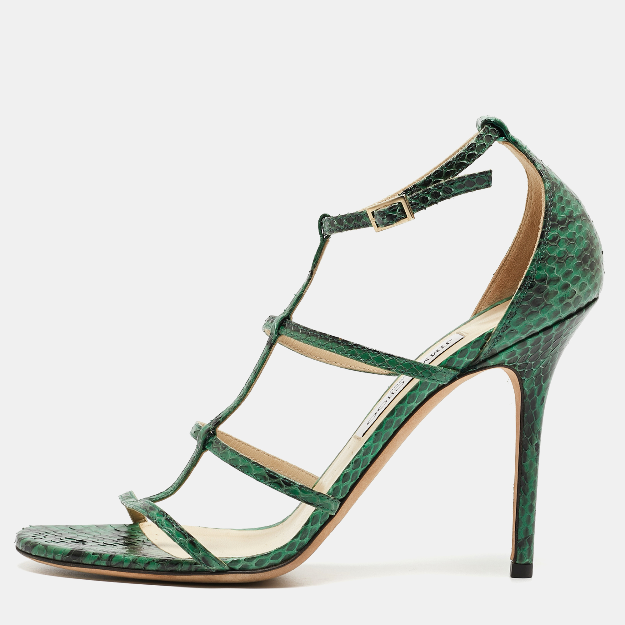 Pre-owned Jimmy Choo Green Embossed Snakeskin Dori Sandals Size 40
