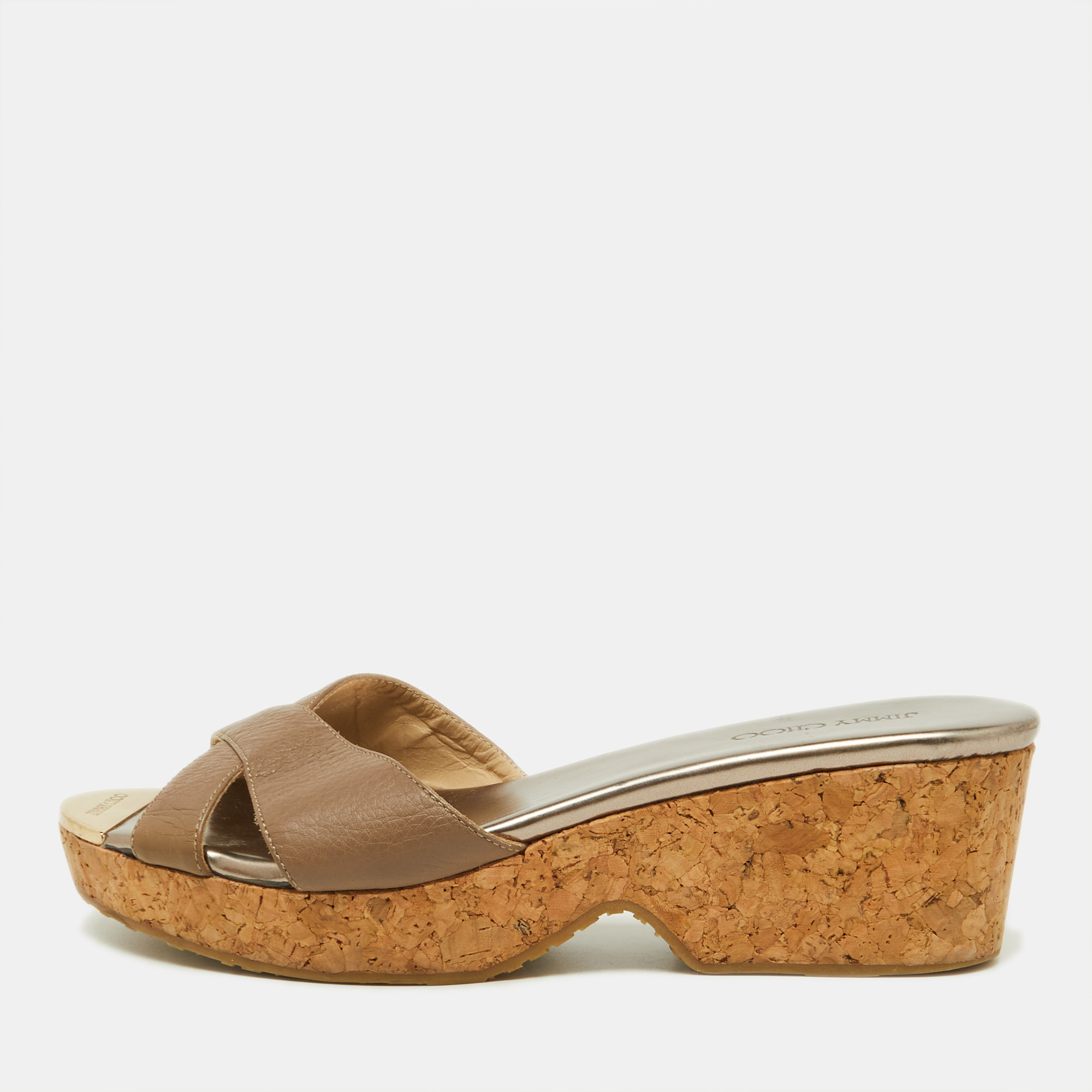 

Jimmy Choo Brown Leather and Cork Prima Wedge Sandals Size