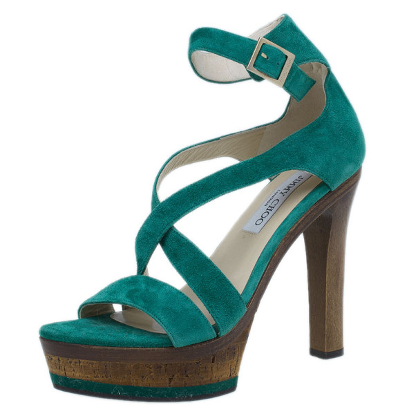 Pre Owned Jimmy Choo Green Suede Cork Platform Sandals Size 38