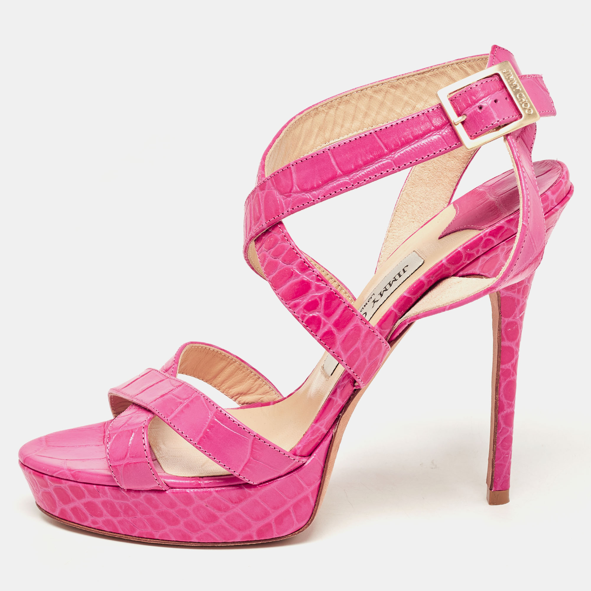 Pre-owned Jimmy Choo Pink Croc Embossed Leather Strappy Lottie Ankle Strap Sandals Size 39