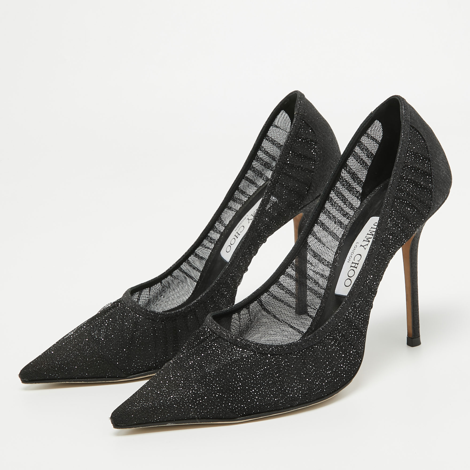 

Jimmy Choo Black Glitter Mesh Love Pumps Size