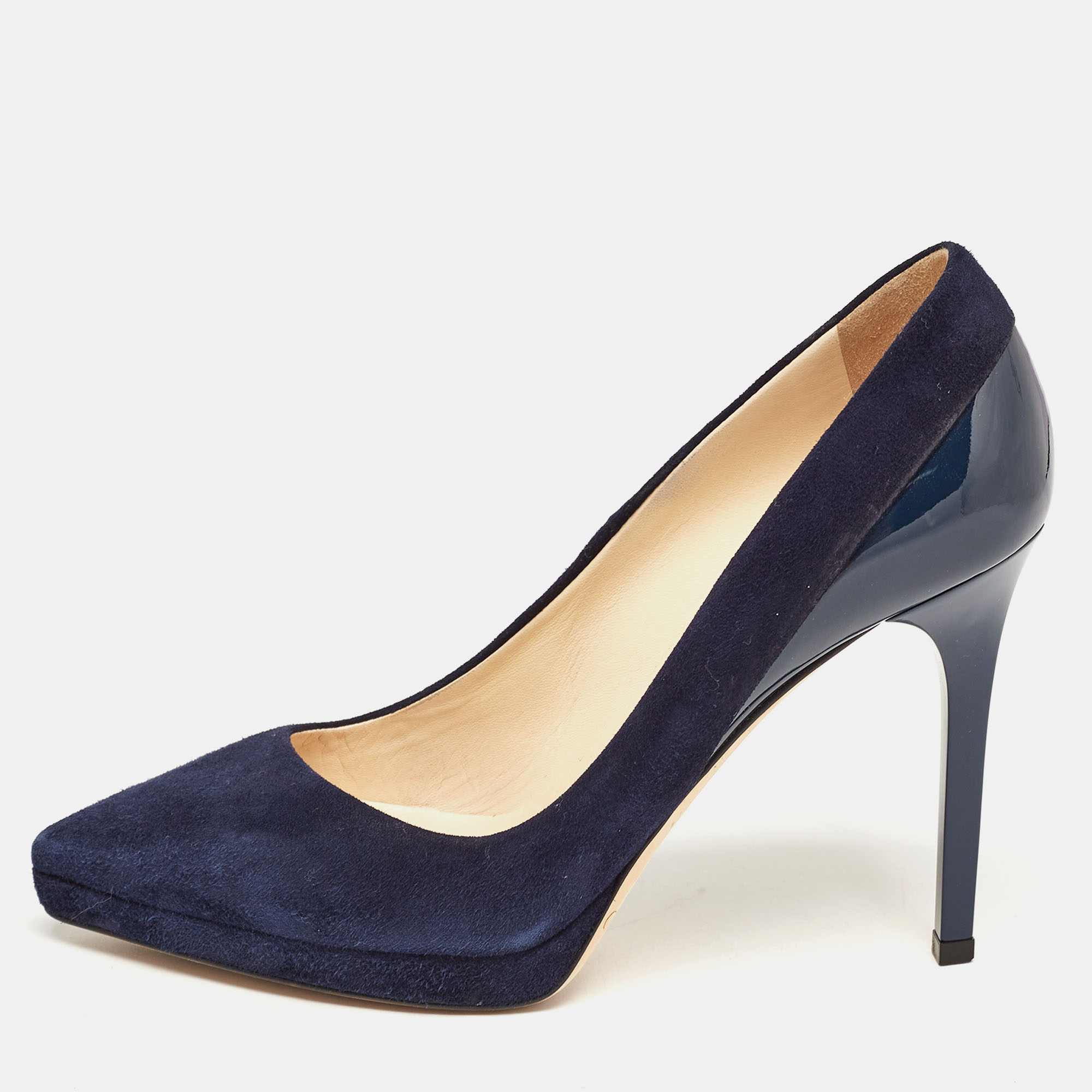 Pre-owned Jimmy Choo Navy Blue Suede And Patent Rudy Pumps Size 36.5