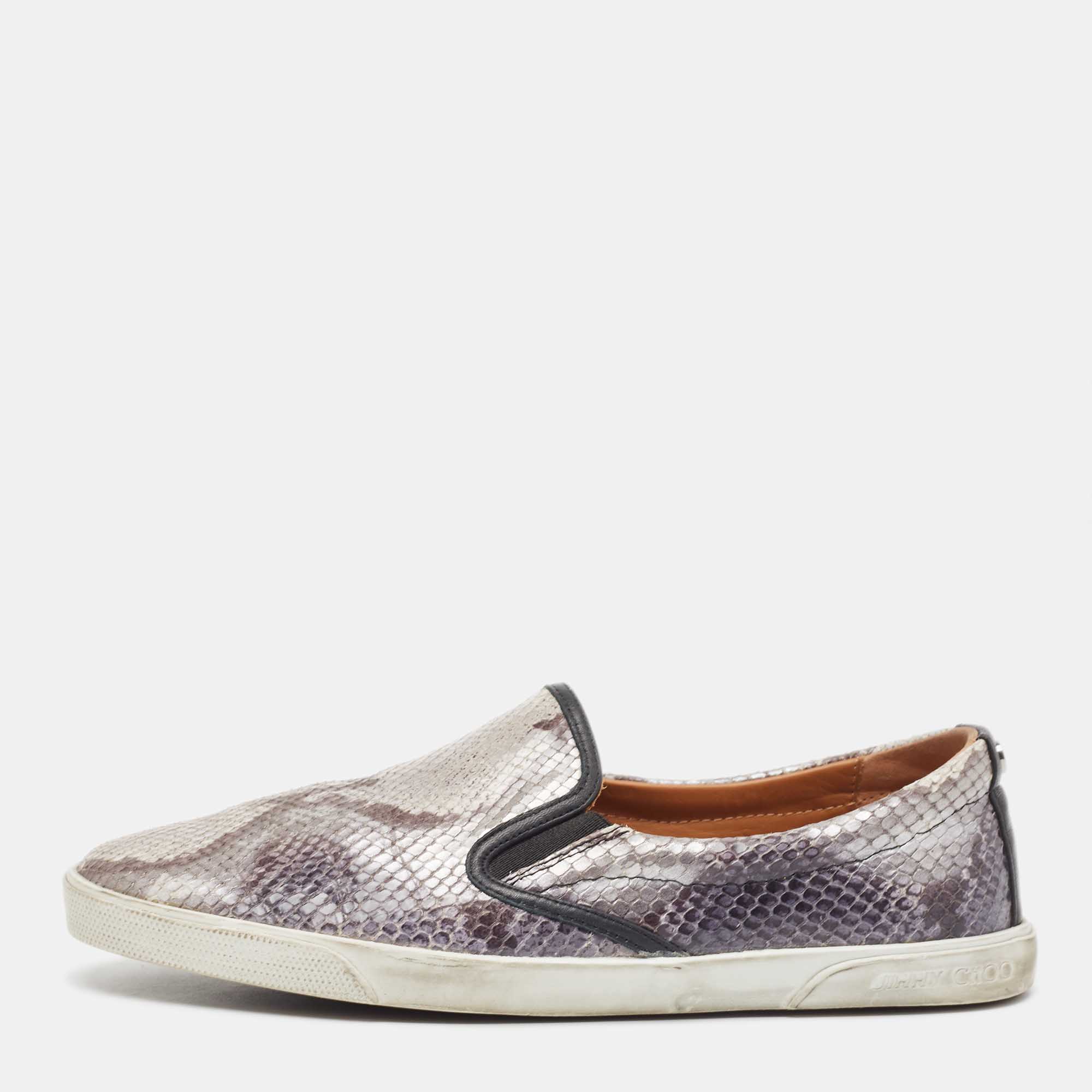 Pre-owned Jimmy Choo Grey Python Embossed Leather Demi Slip On Sneakers Size 40