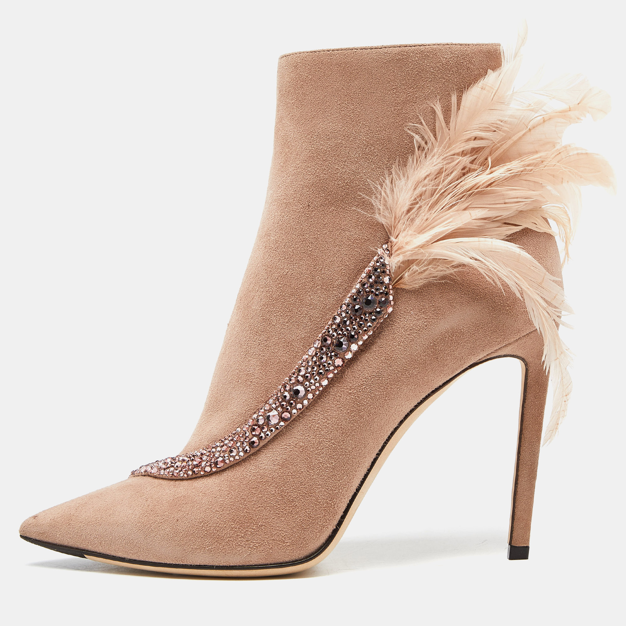 

Jimmy Choo Pink Suede and Feather Crystal Embellished Ankle Boots Size, Beige