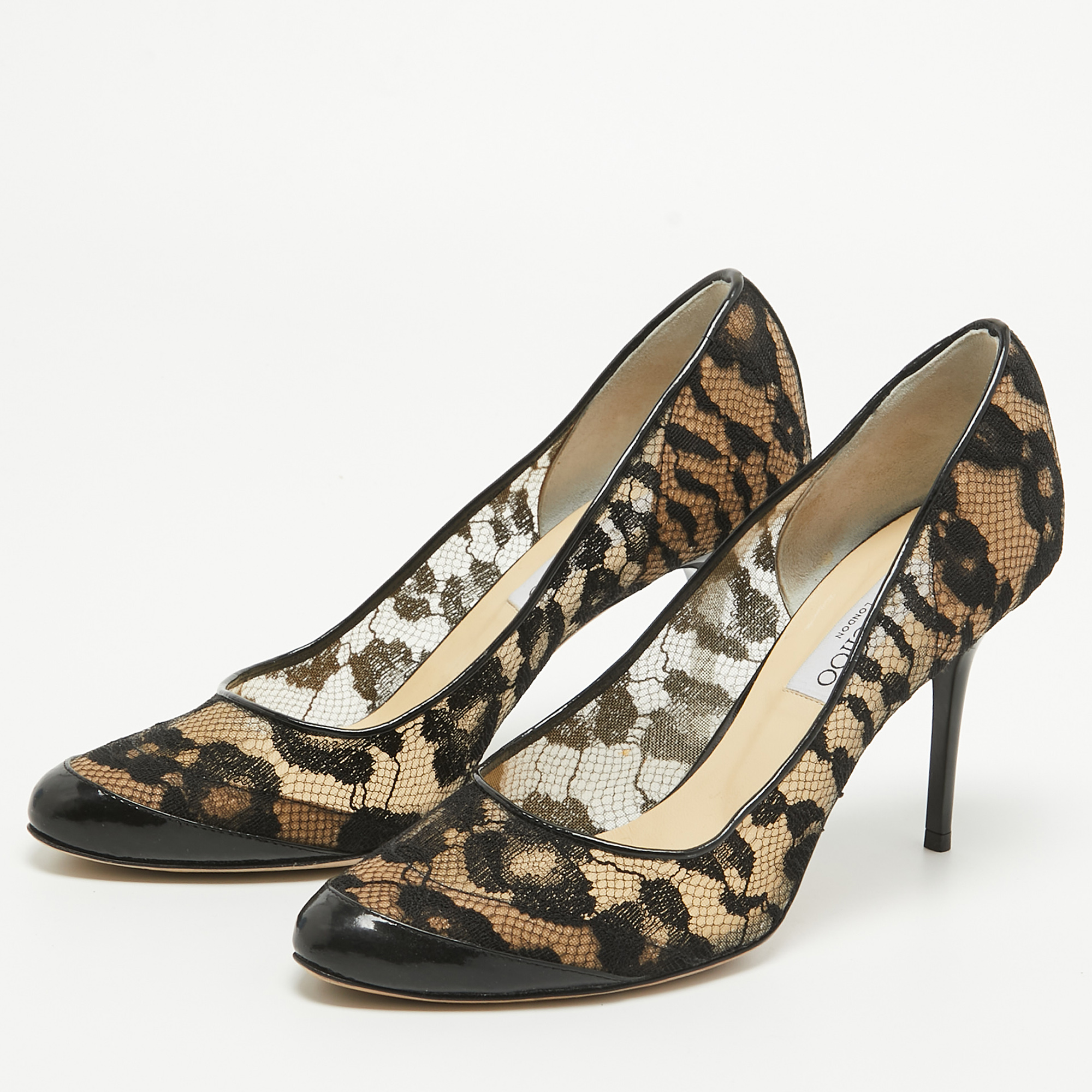 

Jimmy Choo Black Lace and Patent Leather Pointed-Toe Pumps Size