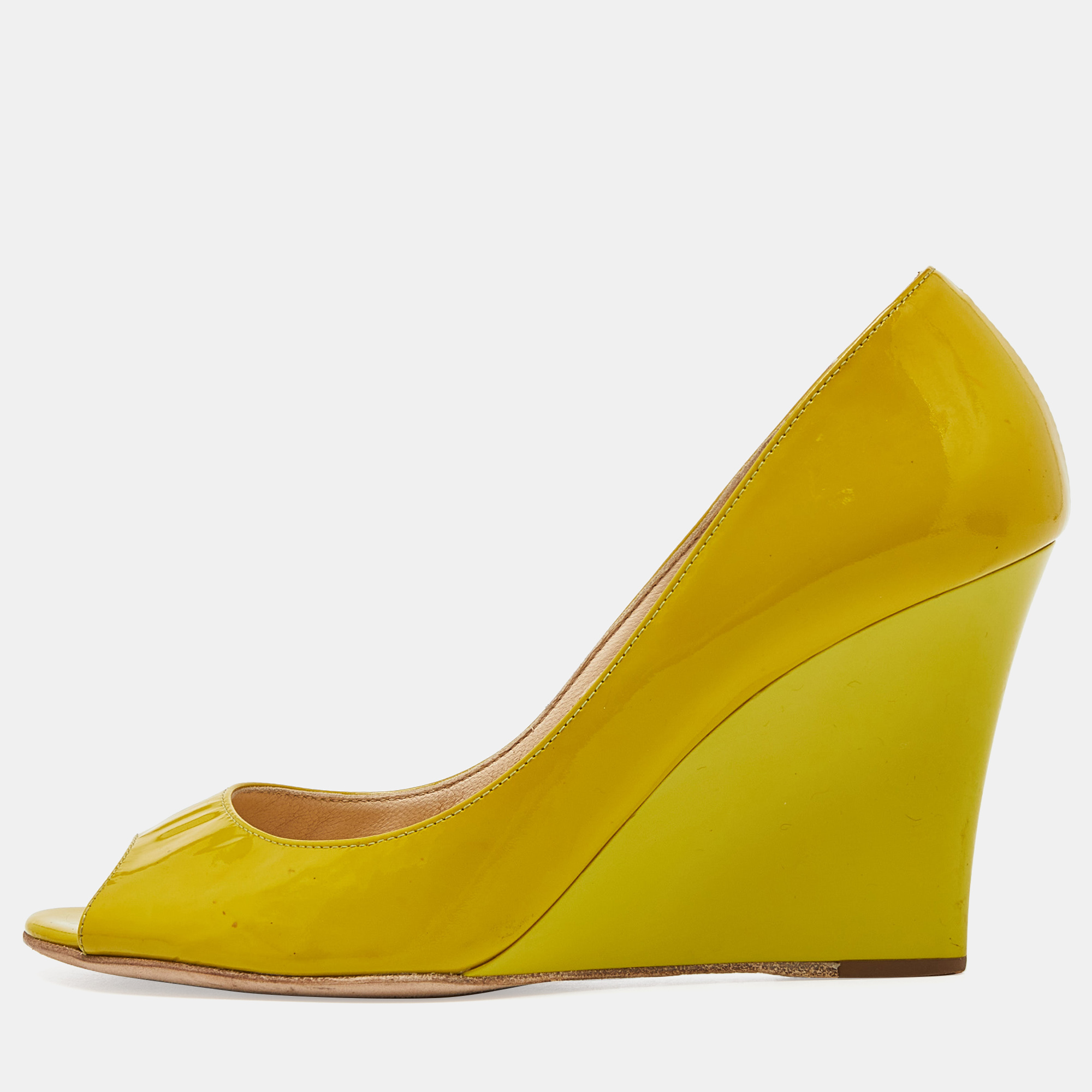 Pre-owned Jimmy Choo Yellow Patent Leather Baxen Peep Toe Wedge Pumps 36