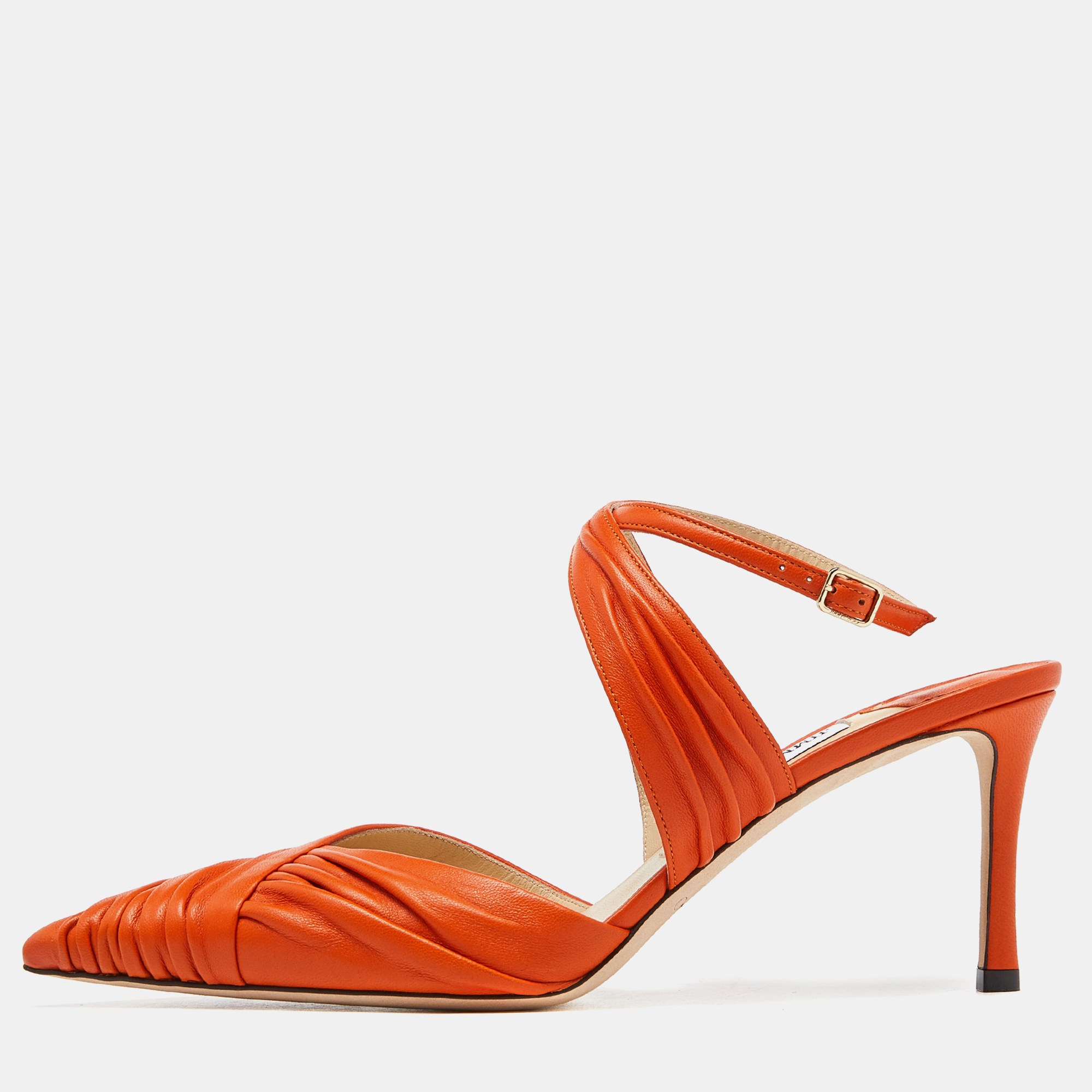 Pre-owned Jimmy Choo Orange Leather Pointed Toe Ankle Strap Pumps Size 39