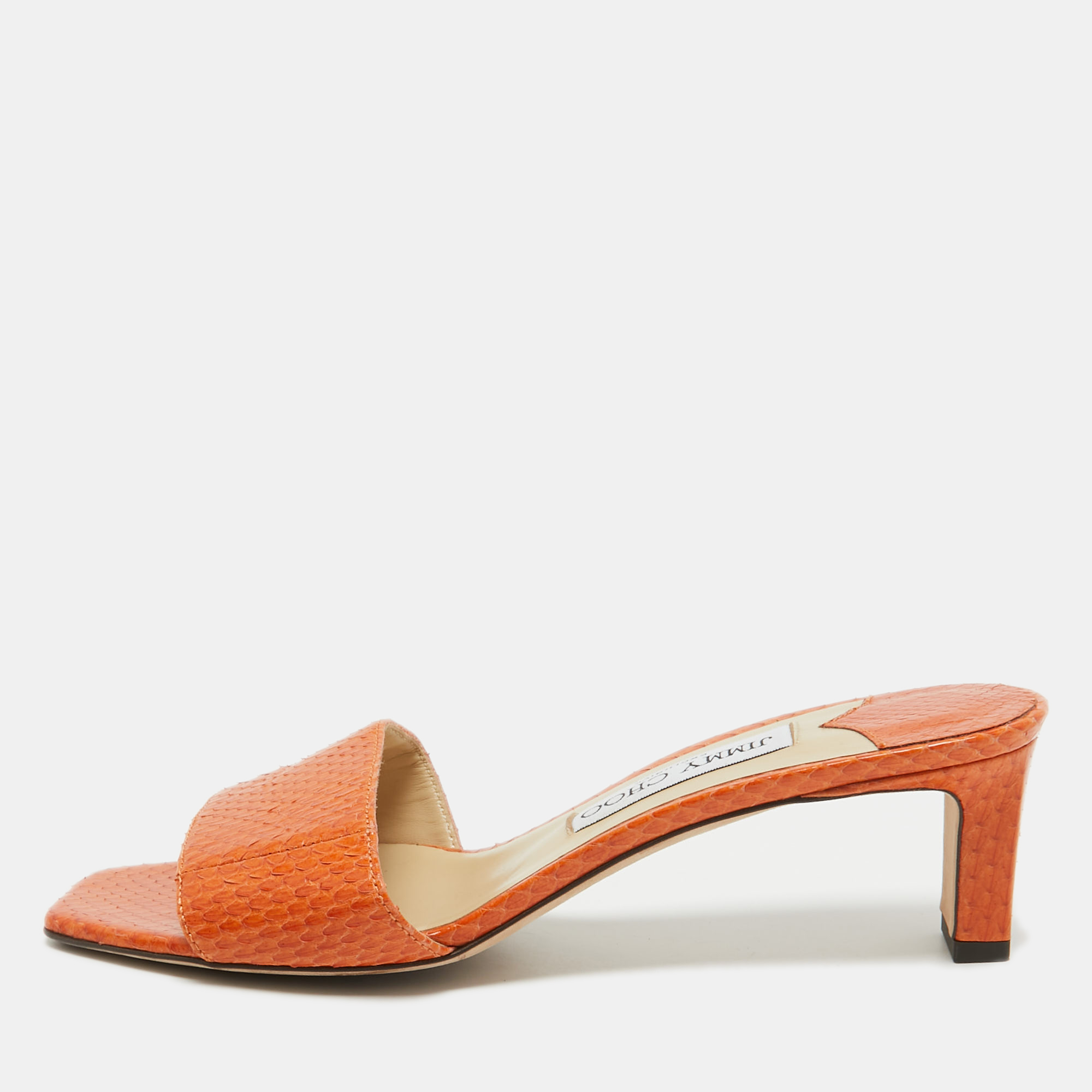 Pre-owned Jimmy Choo Orange Python K-slide Sandals Size 37