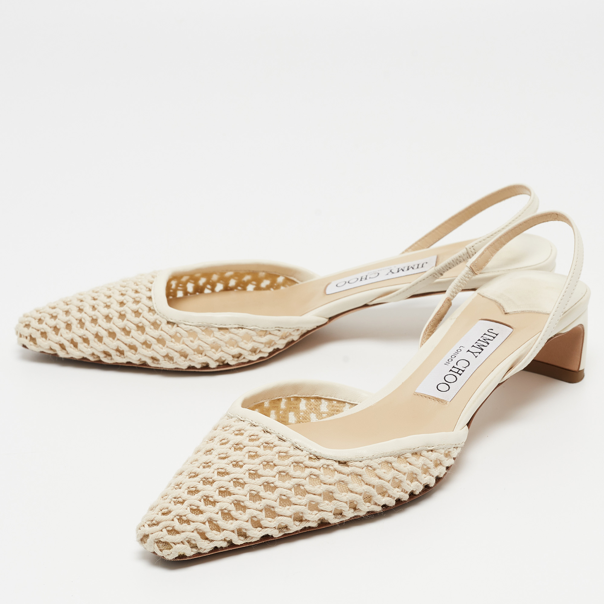 

Jimmy Choo Cream Leather and Mesh Erica Slingback Pumps Size