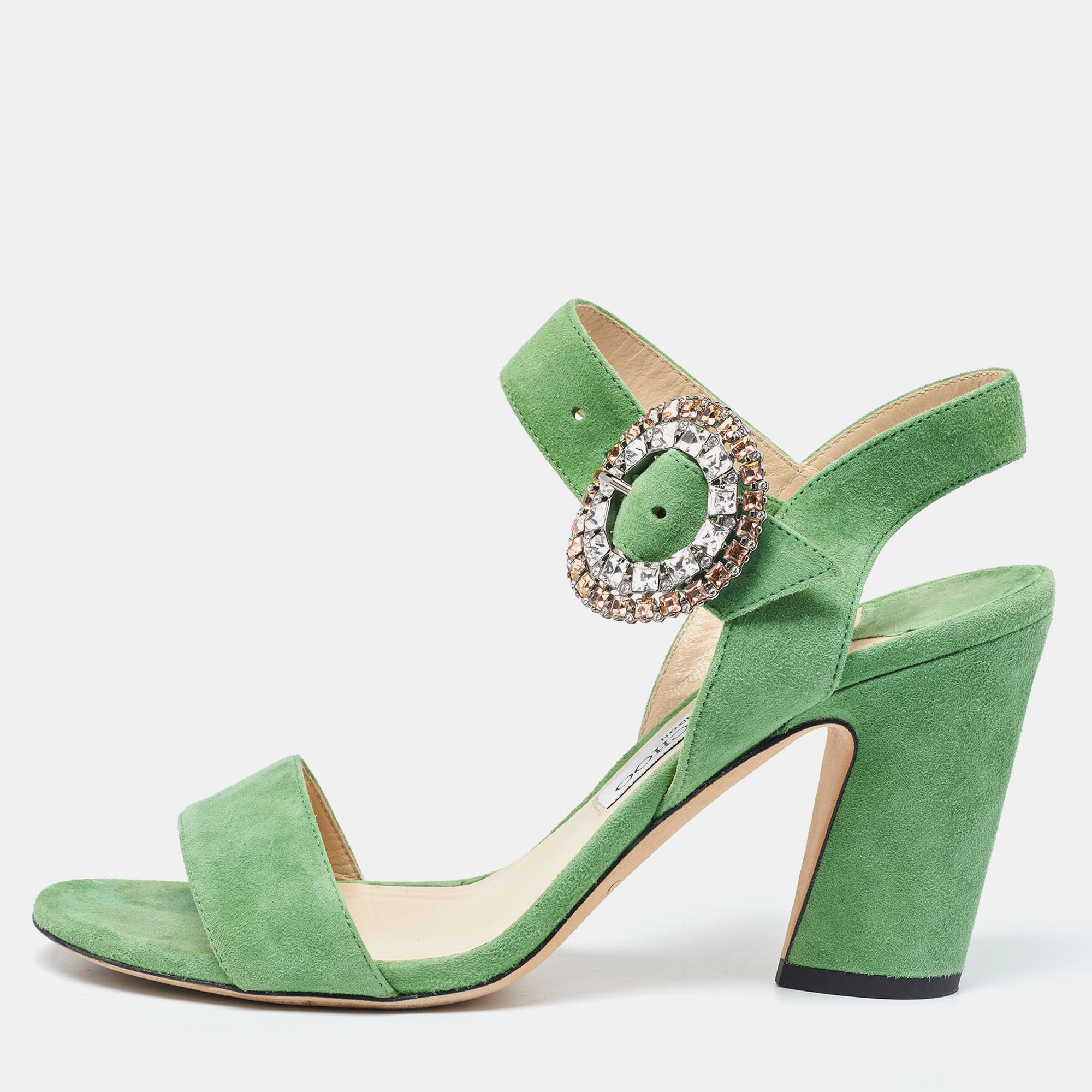 Pre-owned Jimmy Choo Green Suede Ankle Strap Sandals Size 38.5