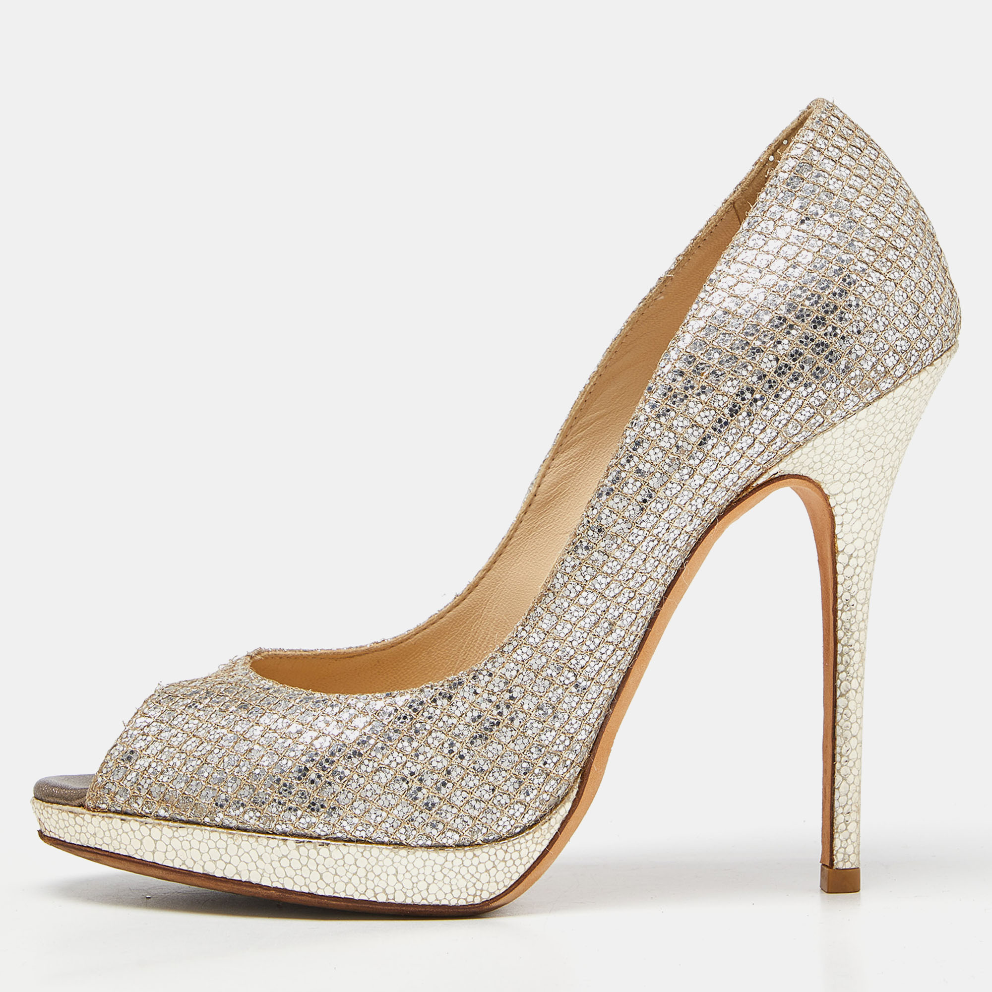 

Jimmy Choo Gold/Silver Glitter and Leather Luna Peep Toe Pumps Size