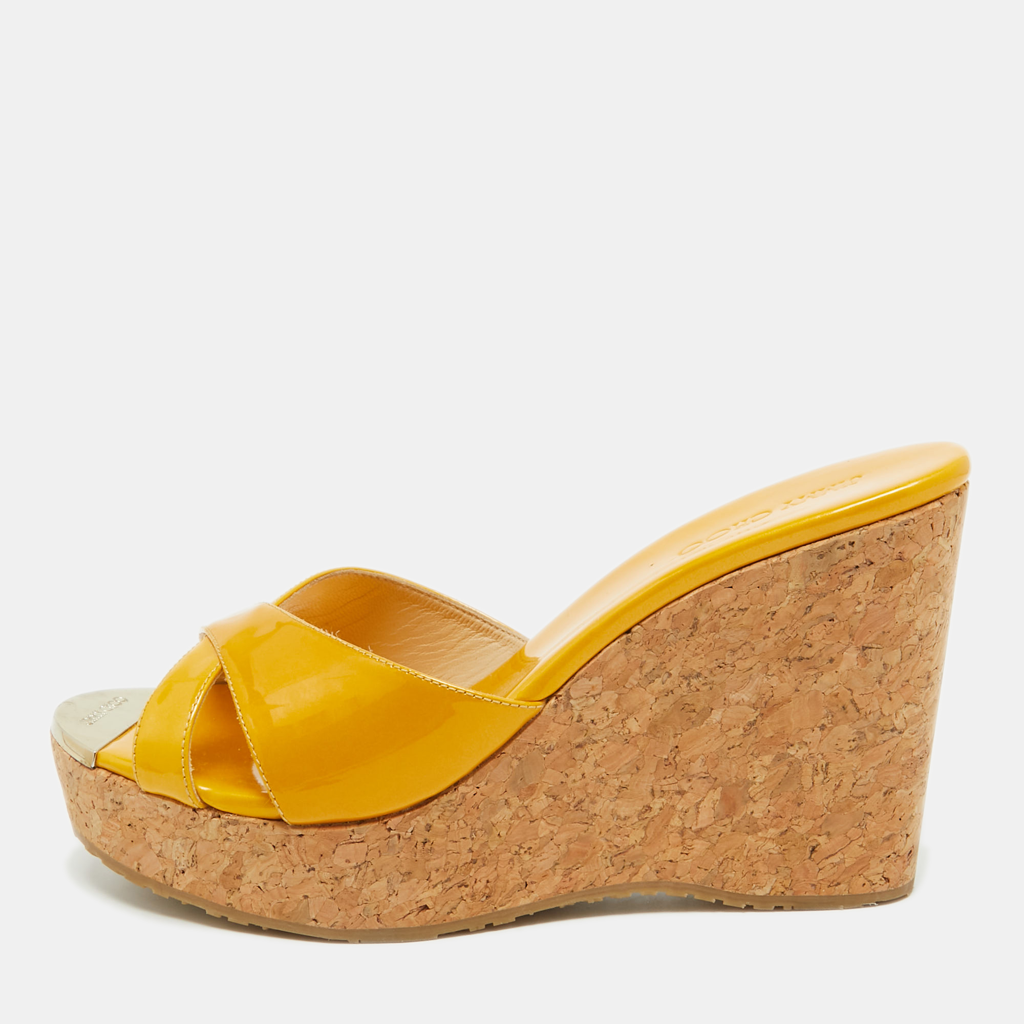 Pre-owned Jimmy Choo Yellow Patent Leather Prima Cork Wedge Sandals Size 39
