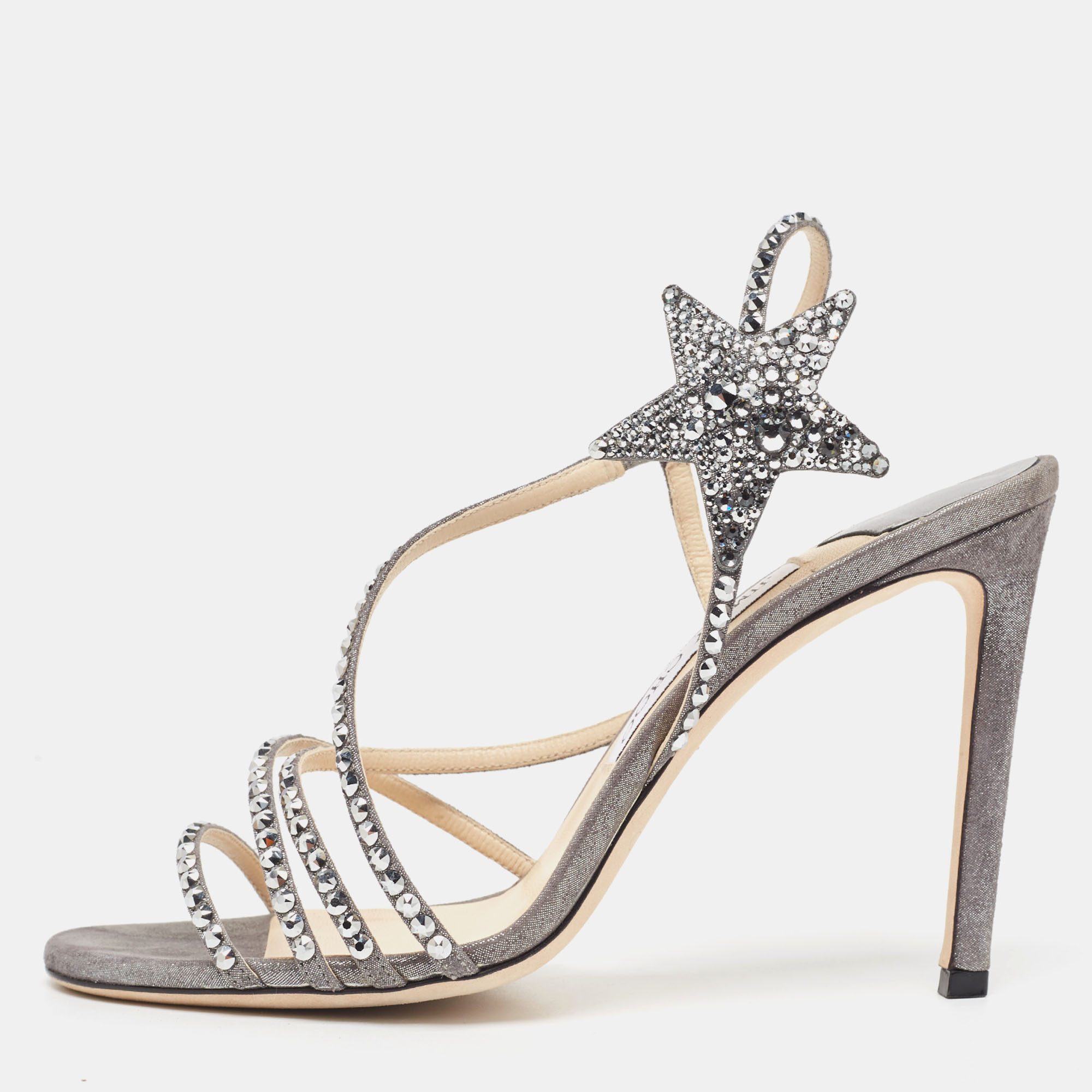 Pre-owned Jimmy Choo Grey Shimmer Suede Embellished Lynn Sandals Size 38 In Silver