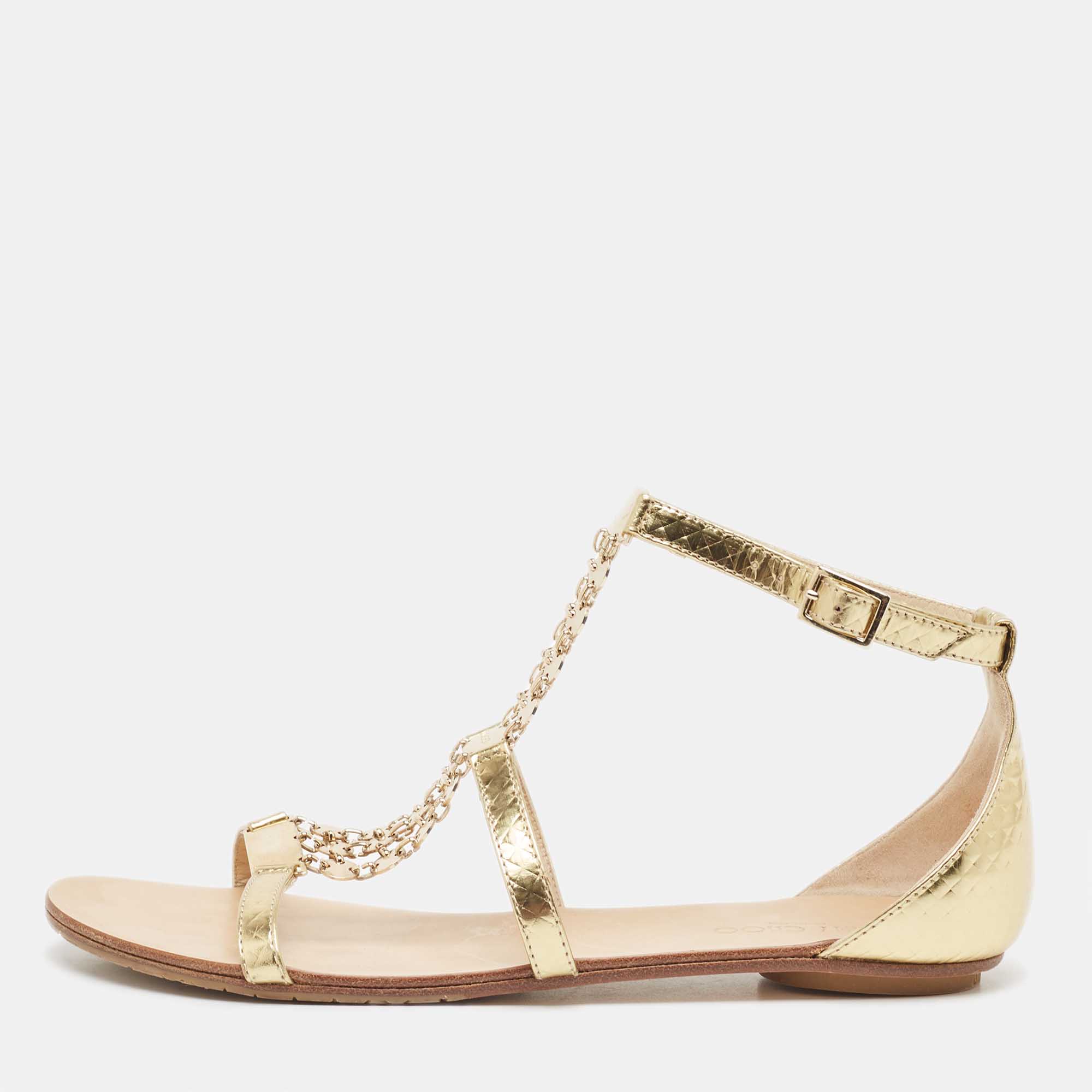 Pre-owned Jimmy Choo Gold Textured Leather Wyatt Flat Sandals Size 36