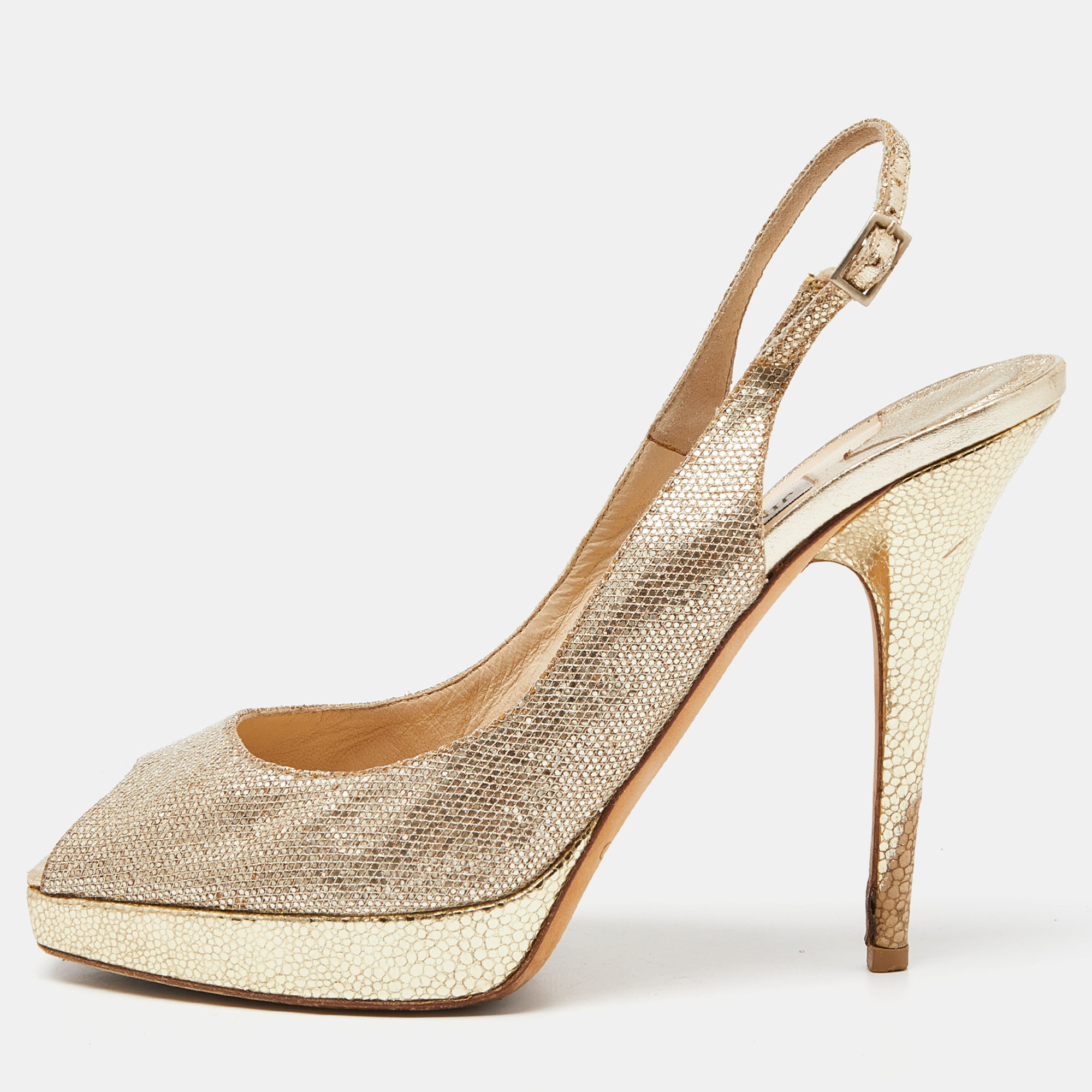 

Jimmy Choo Gold Lurex Fabric Glitter Verity Peep Toe Sandals Size